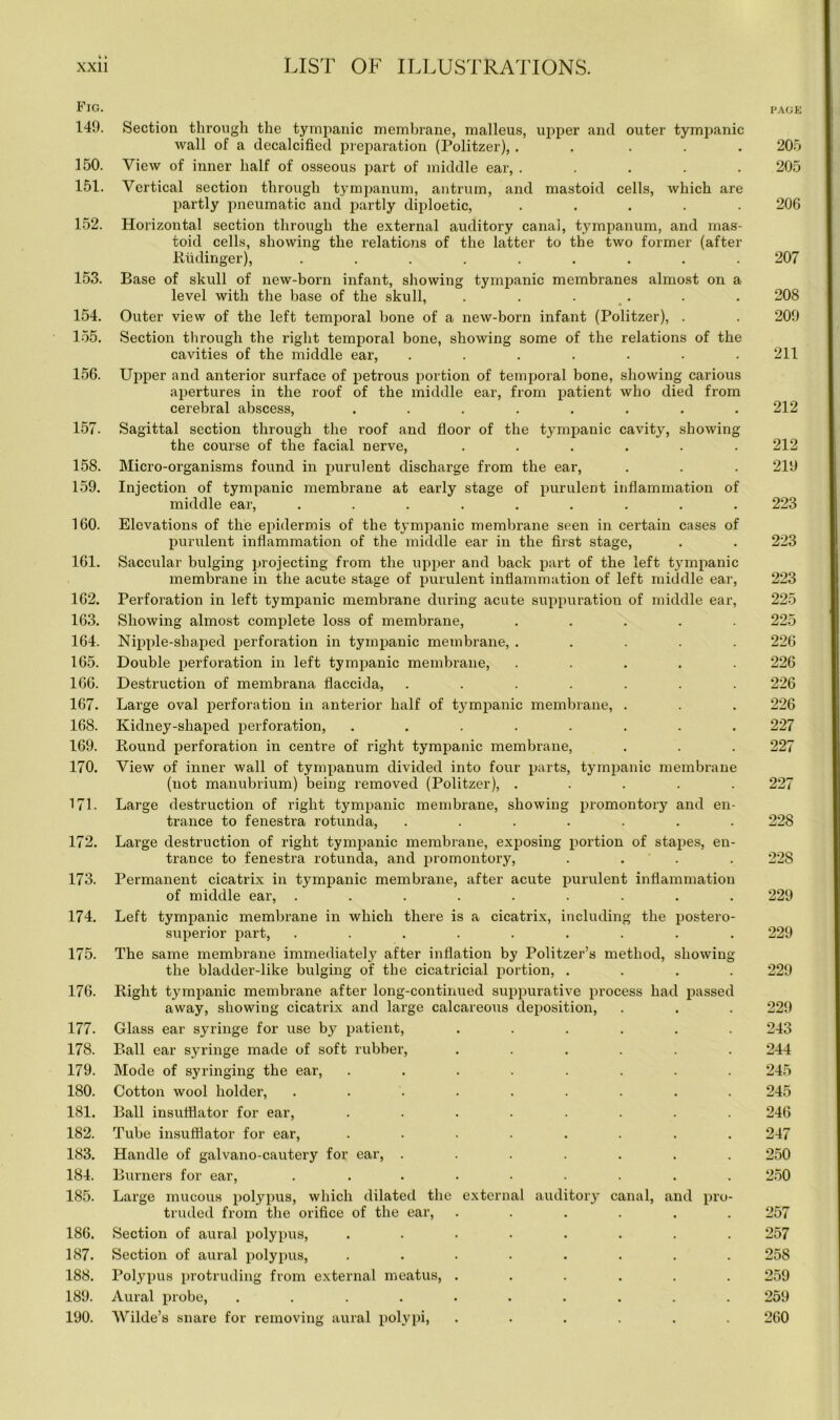 Fig. page 149. Section through the tympanic membrane, malleus, upper and outer tympanic wall of a decalcified preparation (Politzer), ..... 205 150. View of inner half of osseous part of middle ear, ..... 205 151. Vertical section through tympanum, antrum, and mastoid cells, which are partly pneumatic and partly diploetic, ..... 206 152. Horizontal section through the external auditory canal, tympanum, and mas- toid cells, showing the relations of the latter to the two former (after Riidinger), ......... 207 153. Base of skull of new-born infant, showing tympanic membranes almost on a level with the base of the skull, ...... 208 154. Outer view of the left temporal bone of a new-born infant (Politzer), . . 209 155. Section through the right temporal bone, showing some of the relations of the cavities of the middle ear, ....... 211 156. Upper and anterior surface of petrous portion of temporal bone, showing carious apertures in the roof of the middle ear, from patient who died from cerebral abscess, ........ 212 157. Sagittal section through the roof and floor of the tympanic cavity, showing the course of the facial nerve, ...... 212 158. Micro-organisms found in purulent discharge from the ear, . . . 219 159. Injection of tympanic membrane at early stage of purulent inflammation of middle ear, ......... 223 160. Elevations of the epidermis of the tympanic membrane seen in certain cases of purulent inflammation of the middle ear in the first stage, . . 223 161. Saccular bulging projecting from the upper and back part of the left tympanic membrane in the acute stage of purulent inflammation of left middle ear, 223 162. Perforation in left tympanic membrane during acute suppuration of middle ear, 225 163. Showing almost complete loss of membrane, ..... 225 164. Nipple-shaped perforation in tympanic membrane, ..... 226 165. Double perforation in left tympanic membrane, ..... 226 166. Destruction of membrana flaccida, ....... 226 167. Large oval perforation in anterior half of tympanic membrane, . . . 226 168. Kidney-shaped perforation, ........ 227 169. Round perforation in centre of right tympanic membrane, . . . 227 170. View of inner wall of tympanum divided into four parts, tympanic membrane (not manubrium) being removed (Politzer), ..... 227 171. Large destruction of right tympanic membrane, showing promontory and en- trance to fenestra rotunda, ....... 228 172. Large destruction of right tympanic membrane, exposing portion of stapes, en- trance to fenestra rotunda, and promontory, .... 228 173. Permanent cicatrix in tympanic membrane, after acute purulent inflammation of middle ear, ......... 229 174. Left tympanic membrane in which there is a cicatrix, including the postero- superior part, ......... 229 175. The same membrane immediately after inflation by Politzer’s method, showing the bladder-like bulging of the cicatricial portion, .... 229 176. Right tympanic membrane after long-continued suppurative process had passed away, showing cicatrix and large calcareous deposition, . . . 229 177. Glass ear syringe for use by patient, ...... 243 178. Ball ear syringe made of soft rubber, ...... 244 179. Mode of syringing the ear, ........ 245 180. Cotton wool holder, ......... 245 181. Ball insufflator for ear, ........ 246 182. Tube insufflator for ear, ........ 247 183. Handle of galvano-cautery for ear, ....... 250 184. Burners for ear, ......... 250 185. Large mucous polypus, which dilated the external auditory canal, and pro- truded from the orifice of the ear, ...... 257 186. Section of aural polypus, ........ 257 187. Section of aural polypus, ........ 258 188. Polypus protruding from external meatus, ...... 259 189. Aural probe, .......... 259 190. Wilde’s snare for removing aural polypi, ...... 260