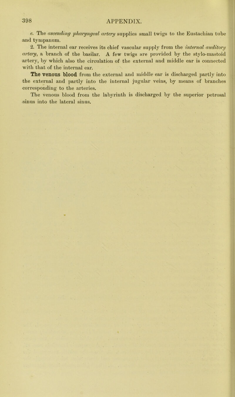 e. The ascending 'pharyngeal artery supplies small twigs to the Eustachian tube and tympanum. 2. The internal ear receives its chief vascular supply from the internal auditory artery, a branch of the basilar. A few twigs are provided by the stylo-mastoid artery, by which also the circulation of the external and middle ear is connected with that of the internal ear. The venous blood, from the external and middle ear is discharged partly into the external and partly into the internal jugular veins, by means of branches corresponding to the arteries. The venous blood from the labyrinth is discharged by the superior petrosal .sinus into the lateral sinus.