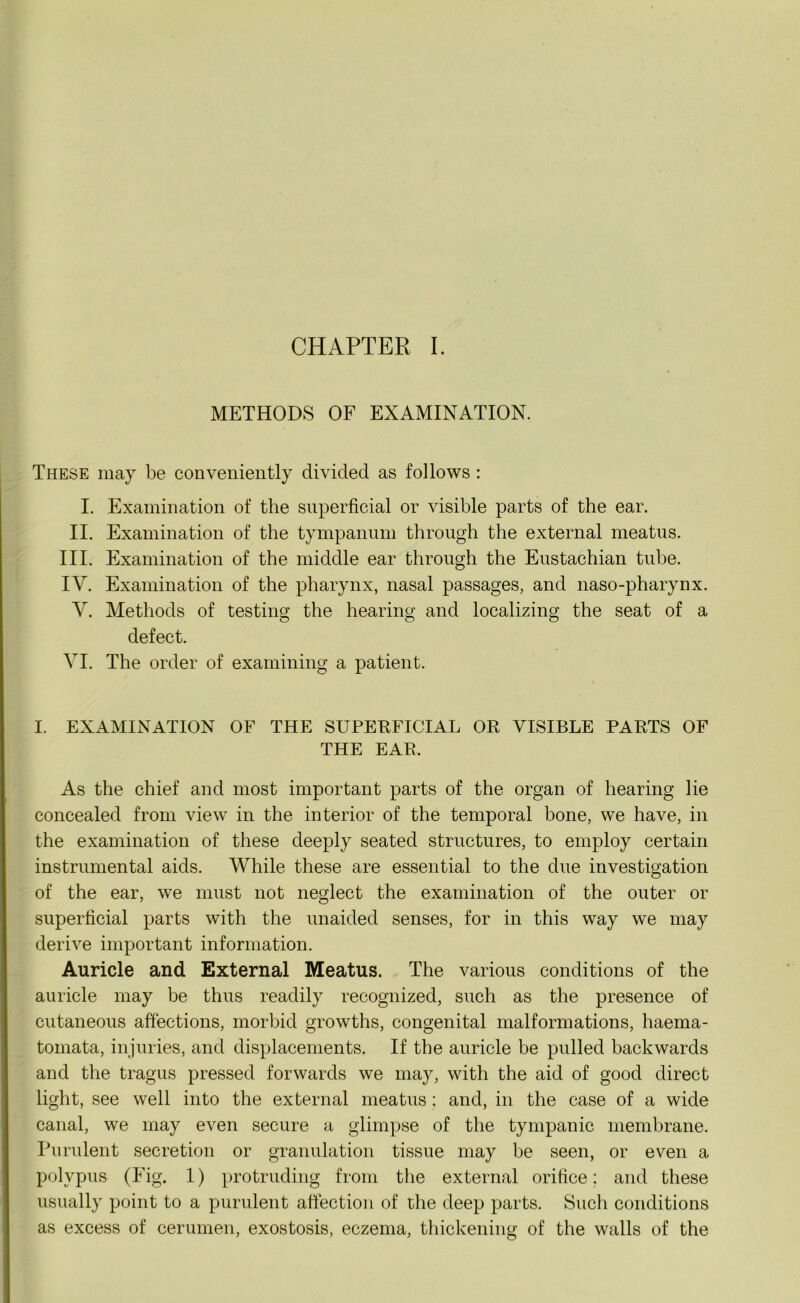 METHODS OF EXAMINATION. These may be conveniently divided as follows : I. Examination of the superficial or visible parts of the ear. II. Examination of the tympanum through the external meatus. III. Examination of the middle ear through the Eustachian tube. IV. Examination of the pharynx, nasal passages, and naso-pharynx. Y. Methods of testing the hearing and localizing the seat of a defect. VI. The order of examining a patient. I. EXAMINATION OF THE SUPERFICIAL OR VISIBLE PARTS OF THE EAR. As the chief and most important parts of the organ of hearing lie concealed from view in the interior of the temporal bone, we have, in the examination of these deeply seated structures, to employ certain instrumental aids. While these are essential to the due investigation of the ear, we must not neglect the examination of the outer or superficial parts with the unaided senses, for in this way we may derive important information. Auricle and External Meatus. The various conditions of the auricle may be thus readily recognized, such as the presence of cutaneous affections, morbid growths, congenital malformations, haema- tomata, injuries, and displacements. If the auricle be pulled backwards and the tragus pressed forwards we may, with the aid of good direct light, see well into the external meatus: and, in the case of a wide canal, we may even secure a glimpse of the tympanic membrane. Purulent secretion or granulation tissue may be seen, or even a polypus (Fig. 1) protruding from the external orifice: and these usually point to a purulent affection of the deep parts. Such conditions as excess of cerumen, exostosis, eczema, thickening of the walls of the