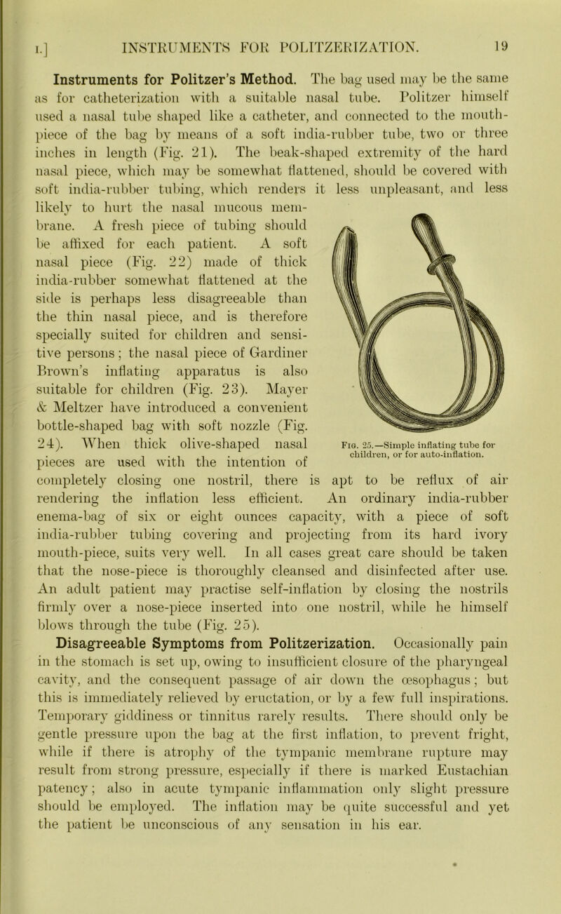 !•] Instruments for Politzer’s Method. The bag used may be the same as for catheterization with a suitable nasal tube. Politzer himself used a nasal tube shaped like a catheter, and connected to the mouth- piece of the bag by means of a soft india-rubber tube, two or three inches in length (Fig. 21). The beak-shaped extremity of the hard nasal piece, which may be somewhat battened, should be covered with soft india-rubber tubing, which renders it less unpleasant, and less likely to hurt the nasal mucous mem- brane. A fresh piece of tubing should be affixed for each patient. A soft nasal piece (Fig. 22) made of thick india-rubber somewhat battened at the side is perhaps less disagreeable than the thin nasal piece, and is therefore specially suited for children and sensi- tive persons; the nasal piece of Gardiner Brown’s inbating apparatus is also suitable for children (Fig. 23). Mayer & Meltzer have introduced a convenient bottle-shaped bag with soft nozzle (Fig. 24). When thick olive-shaped nasal pieces are used with the intention of completely closing one nostril, there is apt to be reflux of air rendering the inbation less efficient. An ordinary india-rubber enema-bag of six or eight ounces capacity, with a piece of soft india-rubber tubing covering and projecting from its hard ivory mouth-piece, suits very well. In all cases great care should be taken that the nose-piece is thoroughly cleansed and disinfected after use. An adult patient may practise self-inbation by closing the nostrils firmly over a nose-piece inserted into one nostril, while he himself blows through the tube (Fig. 25). Disagreeable Symptoms from Politzerization. Occasionally pain in the stomach is set up, owing to insufficient closure of the pharyngeal cavity, and the consecpient passage of air down the oesophagus; but this is immediately relieved by eructation, or by a few full inspirations. Temporary giddiness or tinnitus rarely results. There should only be gentle pressure upon the bag at the first inbation, to prevent fright, while if there is atrophy of the tympanic membrane rupture may result from strong pressure, especially if there is marked Eustachian patency; also in acute tympanic inbammation only slight pressure should be employed. The inbation may be quite successful and yet the patient he unconscious of any sensation in his ear. Fig. 25.—Simple inflating tube for children, or for auto-inflation.