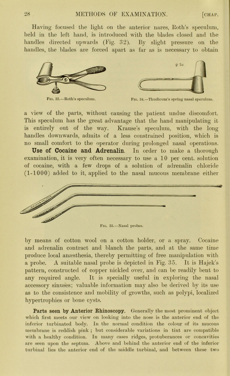 Having focused the light on the anterior nares, Both’s speculum, held in the left hand, is introduced with the blades closed and the handles directed upwards (Fig. 32). By slight pressure on the handles, the blades are forced apart as far as is necessary to obtain Fig. 33.—Roth’s speculum. Fig. 34.—Thudicum’s spring nasal speculum. a view of the parts, without causing the patient undue discomfort. This speculum has the great advantage that the hand manipulating it is entirely out of the way. Krause’s speculum, with the long handles downwards, admits of a less constrained position, which is no small comfort to the operator during prolonged nasal operations. Use of Cocaine and Adrenalin. In order to make a thorough examination, it is very often necessary to use a 10 per cent, solution of cocaine, with a few drops of a solution of adrenalin chloride (1-1000) added to it, applied to the nasal mucous membrane either by means of cotton wool on a cotton holder, or a spray. Cocaine and adrenalin contract and blanch the parts, and at the same time produce local anaesthesia, thereby permitting of free manipulation with a probe. A suitable nasal probe is depicted in Fig. 35. It is Hajek’s pattern, constructed of copper nickled over, and can be readily bent to any required angle. It is specially useful in exploring the nasal accessory sinuses; valuable information may also be derived by its use as to the consistence and mobility of growths, such as polypi, localized hypertrophies or bone cysts. Parts seen by Anterior Rhinoscopy. Generally the most prominent object which first meets our view on looking into the nose is the anterior end of the inferior turbinated body. In the normal condition the colour of its mucous membrane is reddish pink ; but considerable variations in tint are compatible with a healthy condition. In many cases ridges, protuberances or concavities are seen upon the septum. Above and behind the anterior end of the inferior turbinal lies the anterior end of the middle turbinal, and between these two