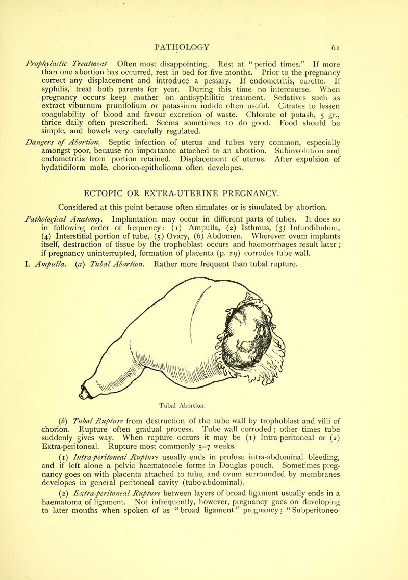 Prophylactic Treatment Often most disappointing. Rest at “period times.” If more than one abortion has occurred, rest in bed for five months. Prior to the pregnancy correct any displacement and introduce a pessary. If endometritis, curette. If syphilis,’ treat both parents for year. During this time no intercourse. When pregnancy occurs keep mother on antisyphilitic treatment. Sedatives such as extract viburnum prunifolium or potassium iodide often useful. Citrates to lessen coagulability of blood and favour excretion of waste. Chlorate of potash, 5 gr., thrice daily often prescribed. Seems sometimes to do good. Food should be simple, and bowels very carefully regulated. Dangers of Abortion. Septic infection of uterus and tubes very common, especially amongst poor, because no importance attached to an abortion. Subinvolution and endometritis from portion retained. Displacement of uterus. After expulsion of hydatidiform mole, chorion-epithelioma often developes. ECTOPIC OR EXTRA-UTERINE PREGNANCY. Considered at this point because often simulates or is simulated by abortion. Pathological Anatomy. Implantation may occur in different parts of tubes. It does so in following order of frequency: (1) Ampulla, (2) Isthmus, (3) Infundibulum, (4) Interstitial portion of tube, (5) Ovary, (6) Abdomen. Wherever ovum implants itself, destruction of tissue by the trophoblast occurs and haemorrhages result later; if pregnancy uninterrupted, formation of placenta (p. 29) corrodes tube wall. I. Ampulla, (a) Tubal Abortion. Rather more frequent than tubal rupture. (b) Tubal Rupture from destruction of the tube wall by trophoblast and villi of chorion. Rupture often gradual process. Tube wall corroded; other times tube suddenly gives way. When rupture occurs it may be (1) Intra-peritoneal or (2) Extra-peritoneal. Rupture most commonly 5-7 weeks. (1) Intra-peritoneal Rupture usually ends in profuse intra-abdominal bleeding, and if left alone a pelvic haematocele forms in Douglas pouch. Sometimes preg- nancy goes on with placenta attached to tube, and ovum surrounded by membranes developes in general peritoneal cavity (tubo-abdominal). (2) Extra-peritoneal Rupture between layers of broad ligament usually ends in a haematoma of ligament. Not infrequently, however, pregnancy goes on developing to later months when spoken of as “ broad ligament ” pregnancy; “ Subperitoneo-