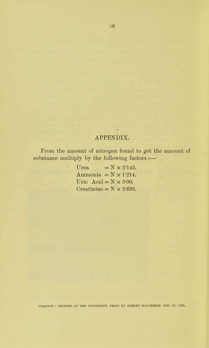 APPENDIX. From the amount of nitrogen found to get the amount of substance multiply by the following factors :— Urea = Nx 2*145. Ammonia =N x 1'214. Uric Acid = N x 3*00. Creatinine = N x 2*695. GLASGOW : PRINTED AT THE UNIVERSITY PRESS BY ROBERT MACLEHOSE AND CO. LTD.