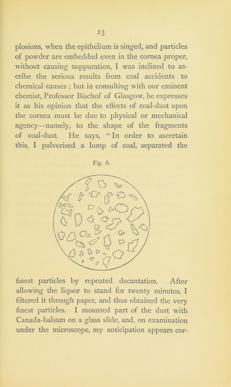 plosions, when the epithelium is singed, and particles of powder are embedded even in the cornea proper, without causing suppuration, I was inclined to as- cribe the serious results from coal accidents to chemical causes ; but in consulting with our eminent chemist, Professor Bischof of Glasgow, he expresses it as his opinion that the effects of coal-dust upon the cornea must be due to physical or mechanical agency—namely, to the shape of the fragments of coal-dust. He says, “ In order to ascertain this, I pulverised a lump of coal, separated the Fig. 6. finest particles by repeated decantation. After allowing the liquor to stand for twenty minutes, I filtered it through paper, and thus obtained the very finest particles. I mounted part of the dust with Canada-balsam on a glass slide, and, on examination under the microscope, my anticipation appears cor-