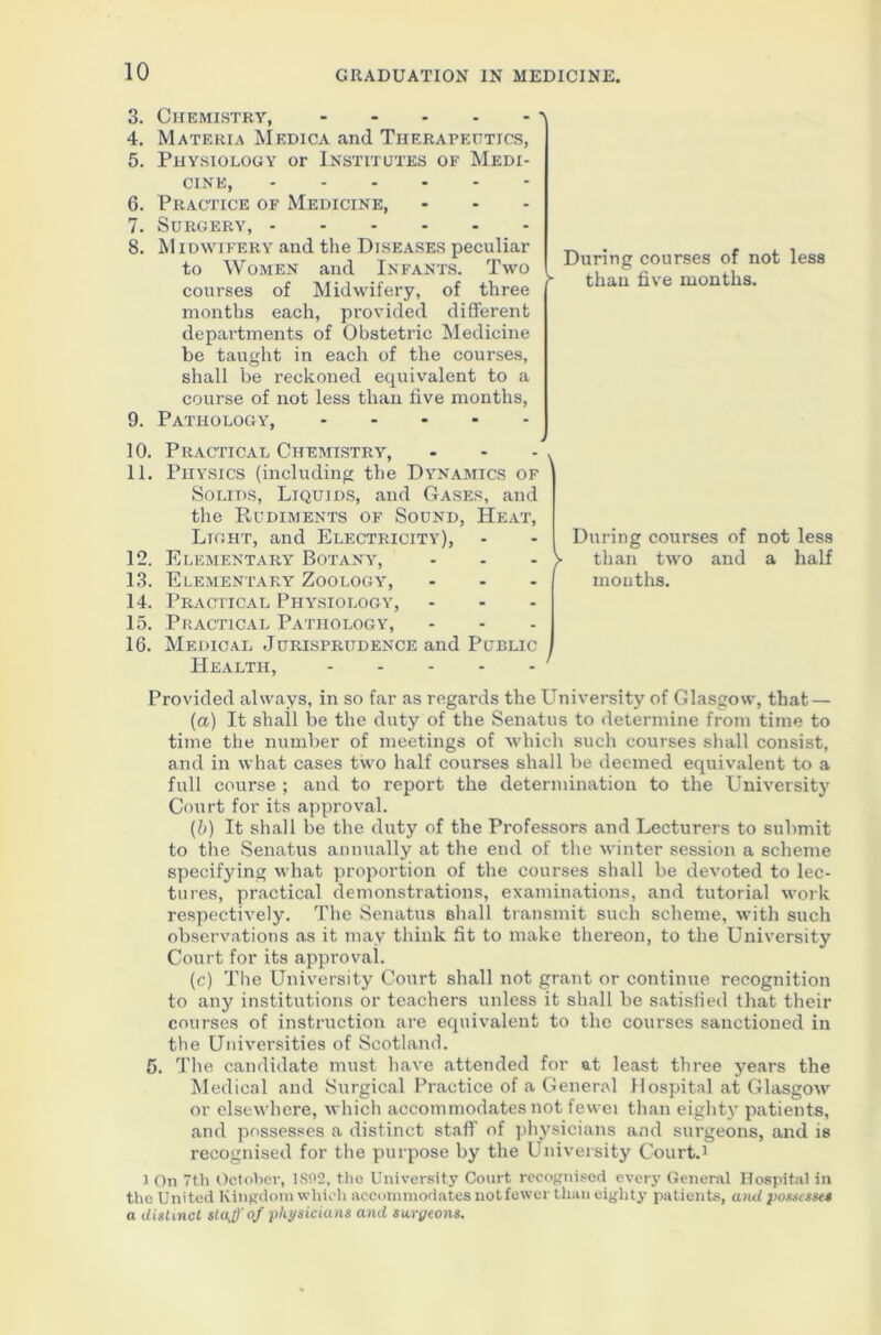 3. Chemistry, ' 4. Materia Medica and Therapeutics, 5. Physiology or Institutes of Medi- cine, 6. Practice of Medicine, 7. Surgery, 8. M idwifery and the Diseases peculiar to Women and Infants. Two courses of Midwifery, of three months each, provided different departments of Obstetric Medicine be taught in each of the courses, shall be reckoned equivalent to a course of not less than five months, 9. Pathology, - During courses of not less than five months. 10. Practical Chemistry, - - - > 11. Physics (including the Dynamics of Solids, Liquids, and Gases, and the Rudiments of Sound, Heat, Ltoht, and Electricity), 12. Elementary Botany, - - - V 13. Elementary Zoology, 14. Practical Physiology, 15. Practical Pathology, 16. Medical Jurisprudence and Public Health, 'During courses of not less than two and a half months. Provided always, in so far as regards the University of Glasgow, that — (а) It shall be the duty of the Senatus to determine from time to time the number of meetings of which such courses shall consist, and in what cases two half courses shall be deemed equivalent to a full course ; and to report the determination to the University Court for its approval. (б) It shall be the duty of the Professors and Lecturers to submit to the Senatus annually at the end of the winter session a scheme specifying what proportion of the courses shall be devoted to lec- tures, practical demonstrations, examinations, and tutorial work respectively. The Senatus shall transmit such scheme, with such observations as it may think fit to make thereon, to the University Court for its approval. (c) The University Court shall not grant or continue recognition to any institutions or teachers unless it shall be satisfied that their courses of instruction are equivalent to the courses sanctioned in the Universities of Scotland. 5. The candidate must have attended for at least three years the Medical and Surgical Practice of a General Hospital at Glasgow or elsewhere, which accommodates not fewei than eighty patients, and possesses a distinct staff of physicians and surgeons, and is recognised for the purpose by the University Court.1 1 On 7th October, 1S02, the University Court recognised every General Hospital in the United Kingdom which accommodates notfewer than eighty patients, and possesses a distinct staj'of physicians and surgeons.