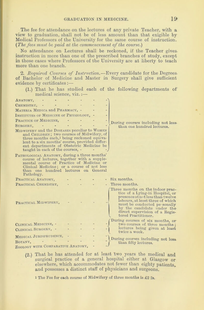 The fee for attendance on the lectures of any private Teacher, with a view to graduation, shall not be of less amount than that exigible by Medical Professors of the University for the same course of instruction. (The fees must be paid at the commencement of the course.) No attendance on Lectures shall be reckoned, if the Teacher gives- instruction in more than one of the prescribed branches of study, except in those cases where Professors of the University are at liberty to teach more than one branch. 2. Required Courses of Instruction.—Every candidate for the Degrees- of Bachelor of Medicine and Master in Surgery shall give sufficient evidence by certificates :— (1.) That he has studied each of the following departments of' medical science, viz.:— Anatomy, Chemistry, ------ Materia Medica and Pharmacy, - Institutes of Medicine or Physiology, - Practice of Medicine, .... Surgery, ...... Midwifery and the Diseases peculiar to Women and Children; two courses of Midwifery, of three months each,1 being reckoned equiva- lent to a six months’ course, provided differ- ent departments of Obstetric Medicine be taught in each of the courses, - - During courses including not less- than one hundred lectures. Pathological Anatomy, during a three months’ course of lectures, together with a supple- mental course of Practice of Medicine or Clinical Medicine; or a course of not less than one hundred lectures on General Pathology. Practical Anatomy, Practical Chemistry, Practical Midwifery, Clinical Medicine, - Clinical Surgery, - Medical Jurisprudence, - Botany, .... Zoology with Comparative Anatomy, - Six months. - Three months. 'Three months on the indoor prac- tice of a Lying-in Hospital, or presence at Ut less than t wel ve labours, at least three of which must be conducted pe sonally by the candidate under th& direct supervision of a Regis- tered Practitioner. During courses of six months, or two courses of three months ; lectures being given at least twice a week. I During courses including not less- I than fifty lectures. (2.) That he has attended for at least ’two years the medical and surgical practice of a general hospital either at Glasgow or elsewhere, which accommodates not fewer than eighty patients,, and possesses a distinct staff of physicians and surgeons. l The Fee for each course of Midwifery of three months is £2 2s.