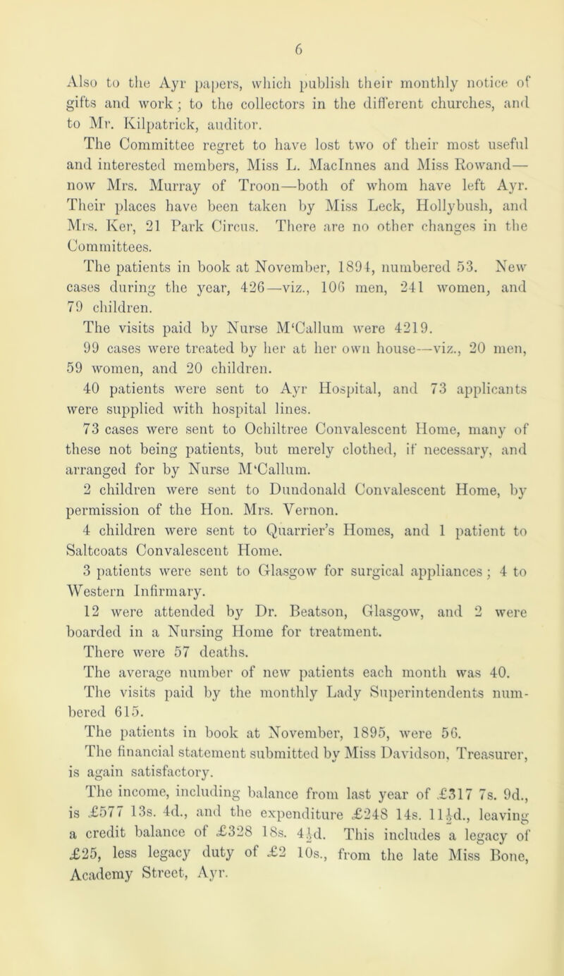 Also to the Ayr papers, which publish their monthly notice of gifts and work ; to the collectors in the different churches, and to Mr. Kilpatrick, auditor. The Committee regret to have lost two of their most useful and interested members, Miss L. Maclnnes and Miss Rowand— now Mrs. Murray of Troon—both of whom have left Ayr. Their places have been taken by Miss Leek, Hollybush, and Mrs. Ker, 21 Park Circus. There are no other changes in the Committees. The patients in book at November, 189f, numbered 53. New cases during the year, 426—viz., 106 men, 241 women, and 79 children. The visits paid by Nurse M'Callum were 4219. 99 cases were treated by her at her own house—viz., 20 men, 59 women, and 20 children. 40 patients were sent to Ayr Hospital, and 73 applicants were supplied with hospital lines. 73 cases were sent to Ochiltree Convalescent Home, many of these not being patients, but merely clothed, if necessary, and arranged for by Nurse M'Callum. 2 children were sent to Dundonald Convalescent Home, by permission of the Hon. Mrs. Vernon. 4 children were sent to Quarrier’s Homes, and 1 patient to Saltcoats Convalescent Home. 3 patients were sent to Glasgow for surgical appliances ; 4 to Western Infirmary. 12 were attended by Dr. Beatson, Glasgow, and 2 were boarded in a Nursing Home for treatment. There were 57 deaths. The average number of new patients each month was 40. The visits paid by the monthly Lady Superintendents num- bered 615. The patients in book at November, 1895, were 56. The financial statement submitted by Miss Davidson, Treasurer, is again satisfactory. The income, including balance from last year of .£317 7s. 9d., is £577 13s. 4d., and the expenditure £248 14s. ll|d., leaving a credit balance of £328 18s. 4fd. This includes a legacy of £25, less legacy duty of £2 10s., from the late Miss Bone, Academy Street, Ayr.