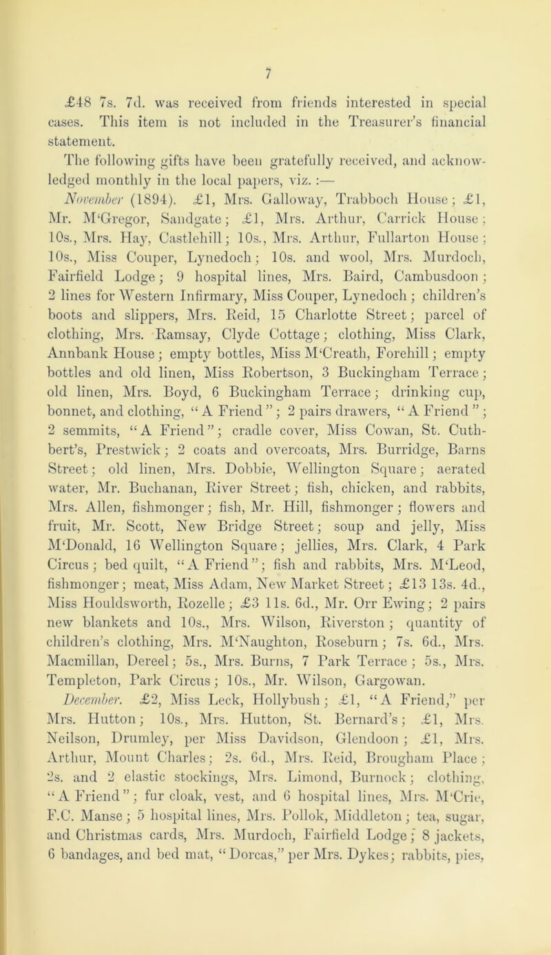 .£48 7s. 7d. was received from friends interested in special cases. This item is not included in the Treasurer’s financial statement. The following gifts have been gratefully received, and acknow- ledged monthly in the local papers, viz. :— November (1894). £1, Mrs. Galloway, Trabboch House; £1, Mr. M'Gregor, Sandgate; £1, Mrs. Arthur, Garrick House ; 10s., Mrs. Hay, Castlehill; 10s., Mrs. Arthur, Fullarton House; 10s., Miss Couper, Lynedoch; 10s. and wool, Mrs. Murdoch, Fairfield Lodge; 9 hospital lines, Mrs. Baird, Cambusdoon; 2 lines for Western Infirmary, Miss Couper, Lynedoch ; children’s boots and slippers, Mrs. Reid, 15 Charlotte Street; parcel of clothing, Mrs. Ramsay, Clyde Cottage; clothing, Miss Clark, Annbank House; empty bottles, Miss M‘Creath, Forehill; empty bottles and old linen, Miss Robertson, 3 Buckingham Terrace; old linen, Mrs. Boyd, 6 Buckingham Terrace; drinking cup, bonnet, and clothing, “ A Friend ” ; 2 pairs drawers, “ A Friend ” ; 2 semmits, “A Friend”; cradle cover, Miss Cowan, St. Cuth- bert’s, Prestwick ; 2 coats and overcoats, Mrs. Burridge, Barns Street; old linen, Mrs. Dobbie, Wellington Square; aerated water, Mr. Buchanan, River Street; fish, chicken, and rabbits, Mrs. Allen, fishmonger; fish, Mr. Hill, fishmonger ; flowers and fruit, Mr. Scott, New Bridge Street; soup and jelly, Miss M'Donald, 16 Wellington Square; jellies, Mrs. Clark, 4 Park Circus; bed quilt, “A Friend”; fish and rabbits, Mrs. M‘Leod, fishmonger; meat, Miss Adam, New Market Street; £13 13s. 4d., Miss Houldsworth, Ilozelle; £3 11s. 6d., Mr. Orr Ewing; 2 pairs new blankets and 10s., Mrs. Wilson, Riverston ; quantity of children’s clothing, Mrs. M'Naughton, Roseburn; 7s. 6d., Mrs. Macmillan, Dereel; 5s., Mrs. Burns, 7 Park Terrace; 5s., Mrs. Templeton, Park Circus; 10s., Mr. Wilson, Gargowan. December. £2, Miss Leek, Hollybusb ; £1, “A Friend,” per Mrs. Hutton; 10s., Mrs. Hutton, St. Bernard’s; £1, Mrs. Neilson, Drumley, per Miss Davidson, Glendoon ; £1, Mrs. Arthur, Mount Charles; 2s. 6d., Mrs. Reid, Brougham Place; 2s. and 2 elastic stockings, Mrs. Limond, Burnock; clothing, “A Friend”; fur cloak, vest, and 6 hospital lines, Mrs. M'Crie, F.C. Manse; 5 hospital lines, Mrs. Pollok, Middleton; tea, sugar, and Christmas cards, Mrs. Murdoch, Fairfield Lodge; 8 jackets, 6 bandages, and bed mat, “ Dorcas,” per Mrs. Dykes; rabbits, pies,