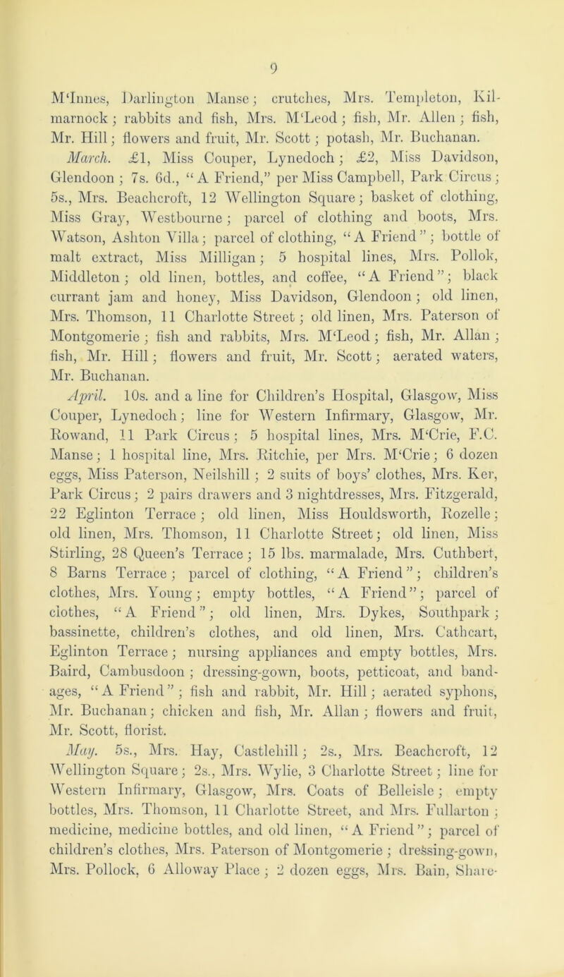 MTnnes, Darlington Manse; crutches, Mrs. Templeton, Kil- marnock ; rabbits and fish, Mrs. M'Leod; fish, Mr. Allen ; fish, Mr. Hill; flowers and fruit, Mr. Scott; potash, Mr. Buchanan. March. £1, Miss Couper, Lynedoch; £2, Miss Davidson, Gdendoon ; 7s. 6d., “A Friend,” per Miss Campbell, Park Circus; 5s., Mrs. Beachcroft, 12 Wellington Square; basket of clothing, Miss Gray, Westbourne; parcel of clothing and boots, Mrs. Watson, Ashton Villa; parcel of clothing, “A Friend”; bottle of malt extract, Miss Milligan; 5 hospital lines, Mrs. Pollok, Middleton; old linen, bottles, and coffee, “A Friend”; black currant jam and honey, Miss Davidson, Glendoon ; old linen, Mrs. Thomson, 11 Charlotte Street; old linen, Mrs. Paterson of Montgomerie ; fish and rabbits, Mrs. M‘Leod ; fish, Mr. Allan ; fish, Mr. Hill; flowers and fruit, Mr. Scott; aerated waters, Mr. Buchanan. April. 10s. and a line for Children’s Hospital, Glasgow, Miss Couper, Lynedoch; line for Western Infirmary, Glasgow, Mr. Rowand, 11 Park Circus; 5 hospital lines, Mrs. M‘Crie, F.C. Manse; 1 hospital line, Mrs. Ritchie, per Mrs. M'Crie; 6 dozen eggs, Miss Paterson, Neilshill ; 2 suits of boys’ clothes, Mrs. Ker, Park Circus; 2 pairs drawers and 3 nightdresses, Mrs. Fitzgerald, 22 Eglinton Terrace; old linen, Miss Houldsworth, Rozelle; old linen, Mrs. Thomson, 11 Charlotte Street; old linen, Miss Stirling, 28 Queen’s Terrace; 15 lbs. marmalade, Mrs. Cuthbert, 8 Barns Terrace; parcel of clothing, “A Friend”; children’s clothes, Mrs. Young; empty bottles, “A Friend”; parcel of clothes, “A Friend”; old linen, Mrs. Dykes, Southpark; bassinette, children’s clothes, and old linen, Mrs. Cathcart, Eglinton Terrace; nursing appliances and empty bottles, Mrs. Baird, Cambusdoon ; dressing-gown, boots, petticoat, and band- ages, “A Friend”; fish and rabbit, Mr. Hill; aerated syphons, Mr. Buchanan; chicken and fish, Mr. Allan; flowers and fruit, Mr. Scott, florist. May. 5s., Mrs. Hay, Castlehill; 2s., Mrs. Beachcroft, 12 Wellington Square; 2s., Mrs. Wylie, 3 Charlotte Street; line for Western Infirmary, Glasgow, Mrs. Coats of Belleisle; empty bottles, Mrs. Thomson, 11 Charlotte Street, and Mrs. Fullarton ; medicine, medicine bottles, and old linen, “ A Friend ”; parcel of children’s clothes, Mrs. Paterson of Montgomerie ; drefesing-gown, Mrs. Pollock, 6 Alloway Place; 2 dozen eggs, Mrs. Bain, Share-