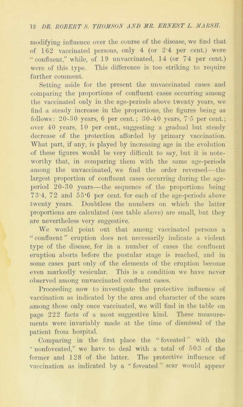 modifying influence over the course ol the disease, we find that of 162 vaccinated persons, only 4 (or 2 4 per cent.) were “ confluent,” while, of 19 unvaccinated, 14 (or 74 per cent.) were of this type. This difference is too striking to require further comment. Setting aside for the present the unvaccinated cases and comparing the proportions of confluent cases occurring among the vaccinated only in the age-periods above twenty years, we find a steady increase in the proportions, the figures being as follows: 20-30 years, 6 per cent.; 30-40 years, 7'5 per cent.; over 40 years, 10 per cent., suggesting a gradual but steady decrease of the protection afforded by primary vaccination. What part, if any, is played by increasing age in the evolution of these figures would be very difficult to say, but it is note- worthy that, in comparing them with the same age-periods among the unvaccinated, we find the order reversed—the largest proportion of confluent cases occurring during the age- period 20-30 years—the sequence of the proportions being 73-4, 72 and 55*6 per cent, for each of the age-periods above twenty years. Doubtless the numbers on which the latter proportions are calculated (see table above) are small, but they are nevertheless very suggestive. We would point out that among vaccinated persons a “ confluent ” eruption does not necessarily indicate a violent type of the disease, for in a number of cases the confluent eruption aborts before the pustular stage is reached, and in some cases part only of the elements of the eruption become even markedly vesicular. This is a condition we have never observed among unvaccinated confluent cases. Proceeding now to investigate the protective influence of vaccination as indicated by the area and character of the scars among those only once vaccinated, we will find in the table on page 222 facts of a most suggestive kind. These measure- ments were invariably made at the time of dismissal of the patient from hospital. Comparing in the first place the “ foveated with the “ nonfoveated,” we have to deal with a total of 503 of the former and 128 of the latter. The protective influence of vaccination as indicated by a “ foveated ” scar would appear