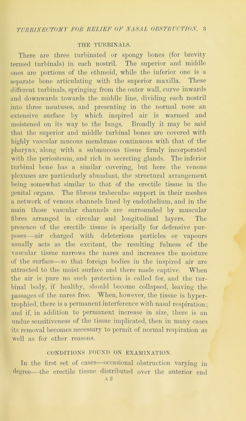 TUB BINECTOMT FOB BELIEF OF NASAL OBSTRUCTION. THE TURBINALS. There are three turbinated or spongy bones (for brevity termed turbinals) in each nostril. The superior and middle ones are portions of the ethmoid, while the inferior one is a separate bone articulating with the superior maxilla. These different turbinals, springing from the outer wall, curve inwards and downwards towards the middle line, dividing each nostril into three meatuses, and presenting in the normal nose an extensive surface by which inspired air is warmed and moistened on its way to the lungs. Broadly it may be said that the superior and middle turbinal bones are covered with highly vascular mucous membrane continuous with that of the pharynx, along with a submucous tissue firmly incorporated with the periosteum, and rich in secreting glands. The inferior turbinal bone has a similar covering, but here the venous plexuses are particularly abundant, the structural arrangement being somewhat similar to that of the erectile tissue in the genital organs. The fibrous trabeculae support in their meshes a network of venous channels lined by endothelium, and in the main those vascular channels are surrounded by muscular fibres arranged in circular and longitudinal layers. The presence of the erectile tissue is specially for defensive pur- poses—air charged with deleterious particles or vapours usually acts as the excitant, the resulting fulness of the vascular tissue narrows the nares and increases the moisture of the surface—so that foreign bodies in the inspired air are attracted to the moist surface and there made captive. When the air is pure no such protection is called for, and the tur- binal body, if healthy, should become collapsed, leaving the passages of the nares free. When, however, the tissue is hyper- trophied, there is a permanent interference with nasal respiration; and if, in addition to permanent increase in size, there is an undue sensitiveness of the tissue implicated, then in many cases its removal becomes necessary to permit of normal respiration as well as for other reasons. CONDITIONS FOUND ON EXAMINATION. In the first set of cases—occasional obstruction varying in degree—the erectile tissue distributed over the anterior end