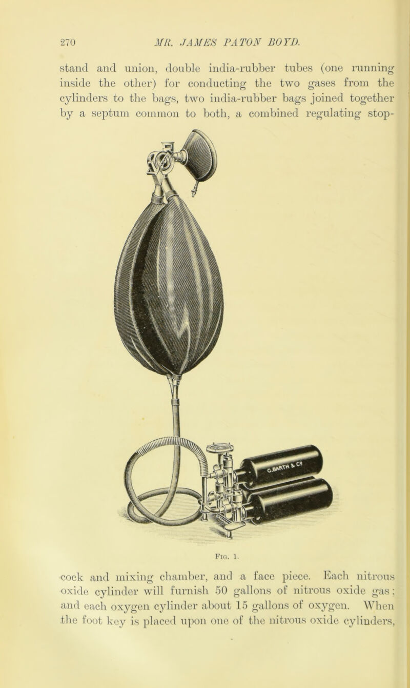 cock and mixing chamber, and a face piece. Each nitrous oxide cylinder will furnish 50 gallons of nitrous oxide gas: and each oxygen cylinder about 15 gallons of oxygen. When the foot key is placed upon one of the nitrous oxide cylinders, stand and union, double india-rubber tubes (one running inside the other) for conducting the two gases from the cylinders to the bags, two india-rubber bags joined together by a septum common to both, a combined regulating stop- Fio. 1.