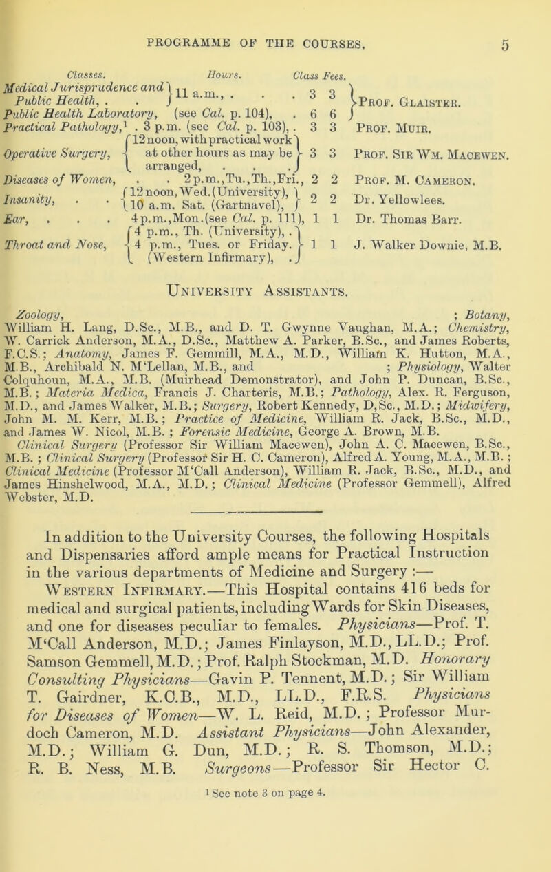 Hours. a.m. Classes. Medical Jurisprudence and ) , Public Health, . . j1 Public Health Laboratory, (see Cal. p. 104), Practical Pathology,1 . 3 p.m. (see Cal. p. 103),. f 12 noon, with practical work 1 at other hours as may be J- arranged, . . . J Diseases of Women, . . 2p.m.,Tu.,Th.,Fri., (12noon,Wed.(University), ) (10 a.m. Sat. (Gartnavel), / 4p.m.,Mon.(see Cal. p. Ill), 14 p.m., Th. (University),.' 4 4 p.m., Tues. or Friday, t (Western Infirmary), Class Fees. Operative Surgery, Insanity, Ear, Throat and Nose, 3 3 3 3 2 2 2 2 1 1 1 1 |>Prof. Glaistkr. Prof. Muir. Prof. Sir Wm. Macewen. Prof. M. Cameron. Dr. Yellowlees. Dr. Thomas Barr. J. Walker Downie, M.B. University Assistants. Zoology, ; Botany, William H. Lang, D.Sc., M.B,, and D. T. Gwynne Vaughan, M.A.; Chemistry, W. Carrick Anderson, M.A., D.Sc., Matthew A. Parker, B.Sc., and James Eoberts, F.C.S.; Anatomy, James F. Gemmill, M.A., M.D., William K. Hutton, M.A., M.B., Archibald N. M‘Lellan, M.B., and ; Physiology, Walter Colquhoun, M.A., M.B. (Muirhead Demonstrator), and John P. Duncan, B.Sc., M.B.; Materia Medica, Francis J. Charteris, M.B.; Pathology, Alex. E. Ferguson, M.D., and James Walker, M.B.; Surgery, Eobert Kennedy, D,Sc., M.D.; Midwifery, John M. M. Kerr, M.B.; Practice of Medicine, William E. Jack, B.Sc., M.D., and James W. Nicol, M.B. ; Forensic Medicine, George A. Brown, M.B. Clinical Surgery (Professor Sir William Macewen), John A. C. Macewen, B.Sc., M.B. ; Clinical Surgery (Professor Sir H. C. Cameron), Alfred A. Young, M. A., M.B.; Clinical Medicine (Professor M‘Call Anderson), William E. Jack, B.Sc., M.D., and James Hinshelwood, M.A., M.D.; Clinical Medicine (Professor Gemmell), Alfred Webster, M.D. In addition to the University Courses, the following Hospitals and Dispensaries afford ample means for Practical Instruction in the various departments of Medicine and Surgery :— Western Infirmary.—This Hospital contains 416 beds for medical and surgical patients, including Wards for Skin Diseases, and one for diseases peculiar to females. Physicians—Prof. T. M'Call Anderson, M.D.; James Finlayson, M.D.,LL.D.; Prof. Samson Gemmell, M.D. • Prof. Ralph Stockman, M.D. Honorary Consulting Physicians—Gavin P. Tennent, M.D.; Sir William T. Gairdner, K.C.B., M.D., LL.D., F.R.S. Physicians for Diseases of Women—W. L. Reid, M.D. ; Professor Mur- doch Cameron, M.D. Assistant Physicians—John Alexander, M.D.; William G. Dun, M.D.; R. S. Thomson, M.D.; R. B. Ness, M.B. Surgeons—Professor Sir Hector C. i See note 3 on page 4.