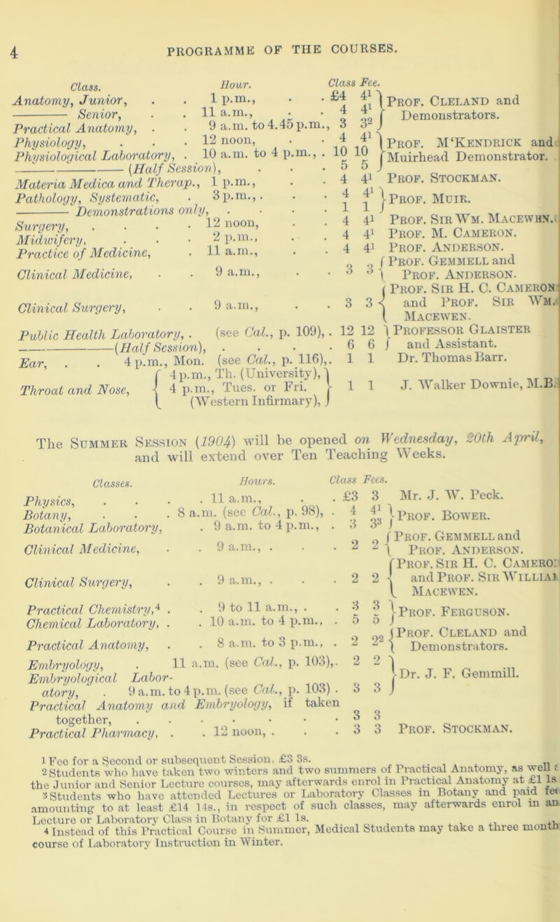 Class. Anatomy, Junior, Senior, Hour. Class Fee . £4 41 Practical Anatomy, . Physiology, Physiological Laboratory, Materia Meclica and Thcrap Pathology, Systematic, Surgery, Midwifery, Practice of Medicine, Clinical Medicine, — 1 7 11 a.m., 4 41 9 a.m. to 4.45 p.m. , 3 32 12 noon, 4 41 10 a.m. to 4 p.m., . 10 10 lion), >., 1 p.m., 5 4 5 41 3p.ru.,. 4 41 dy, . 1 1 12 noon, 4 41 2 p.m., 4 41 11 a.m.. 4 41 Prof. Cleland and Demonstrators. j Muirhead Demonstrator. Prof. Stockman. J-PROF. MUIFv. Prof. Sir Wm. Macewhn. Prof. M. Cameron. Prof. Anderson. 9 a.m., 3 Clinical Surgery, 9 a.m., 3 3 Public Health Laboratory, . (Half Session), Ear, . . 4 p.m., Mon. Throat and Nose, Prof. Sir H. C. Cameron and Prof. Sir Wm. „ Macewen. (see Cal., p. 109),. 12 12 ) Professor Glaister .66/ and Assistant. (see Cal., p. 116),. 1 1 Dr. Thomas Barr. 4 p.m., Th. (University), \ 4 p.m., Tues. or Fri. V (Western Infirmary), J 11 J. Walker Downie, M.B. The Summer Session (1904) ’ill be opened on Wednesday, 20th April, and will extend over Ten Teaching Weeks. Classes. Physics, Botany, Botanical Laboratory, Clinical Medicine, Clinical Surgery, Hours. . 11 a.m., 8 a.m. (see Cal., p. 98), . 9 a.m. to 4 p.m., . 9 a.m., . Class Fees. . £3 3 . 4 . 3 41 1 Mr. J. W. Peck. 33 -Prof. Bower. 2 9 a.m. Practical Chemistry,4 Chemical Laboratory, 9 to 11 a.m., . 10 a.m. to 4 p.m., Practical Anatomy, . 8 a.m. to 3 p.m., . 11 a.m. (see Cal., p. 103),. Embryology, Embryological Labor- atory, . 9 a.m. to 4 p.m. (see Cal., p. 103) . Practical Anatomy and Embryology, if taken together, .... ... Practical Pharmacy, . . 12 noon, . 9 f Prof. Gemmell and - \ Prof. Anderson. (Prof. Sir H. C. Camkro: 2 and Prof. Sir Williai V. Macewen. ? 1 Prof. Ferguson. o ) 92 l Prof. Cleland and “ ( Demonstrators. 2 1 ^Dr. J. F. Gemmill. 3 J Prof. Stockman. 1 Fee for a Second or subsequent Session, £3 Ss. , , 2 Students who have taken two winters and two summers of Practical Anatomy, as well < the Junior and Senior Lecture courses, may afterwards enrol in Practical Anatomy at £1 is 3 Students who have attended Lectures or Laboratory Classes in Botany and paid fei amounting to at least £14 14s., in respect of such classes, may afterwards enrol in an Lecture or Laboratory Class in Botany for £1 Is. , , ., 4 Instead of this Practical Course in Summer, Medical Students may take a three montn course of Laboratory Instruction in Winter.