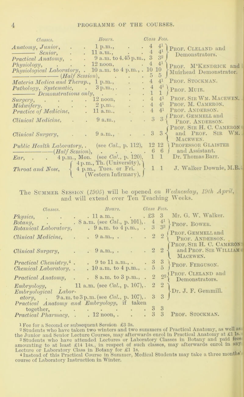 Classes. Anatomy, Junior, Senior, Practical Anatomy, . Physiology, Physiological Laboratory, [Half Session), Materia Medica and Therap., 1 p.m., Pathology, Systematic, . 3p.m Hours. 1 p.m., 11 a.m., 9 a.m. to 4.45 p.m 12 noon, 10 a.m. to 4 p.m., Demonstrations only. Surgery, Midwifery, Practice of Medicine, Clinical Medicine, Clinical Surgery, 12 noon, 2 p.m., 11 a.m., 9 a.m.. Class Fees. 4 41 4 4‘ , 3 32 4 41 10 10 , 5 5 , 4 41 raoK. Stockman. Public Health Laboratory, . -{Half Session), Ear, . . 4p.m., Mon. 4p.m., Th. (University), 1 4 p.m., Tues. or Fri. j- (AVestern Infirmary), j 9 a.m., (see Cal., p. 112), (see Cal., p. 120), Throat and Nose, Prof. Cleland and Demonstrators. Prof. M'Kekdrick and Muirliead Demonstrator. 4‘ 1 41 4' 41 r l { 1212 1 G 6 / 1 1 3 3- 3 3 Prof. 1\Ieik. Prof. Sir AVm. IMacewen*. Prof. ]M. Cameron. Prof. Anderson. Prof. Gemmell and Prof. Anderson. Prof. Sir H. C. Cameron and Prof. Sir AA'm. Macewen. Professor Glaister and Assistant. Dr. Thomas Barr. 1 1 J. AValker Downie, M.B. The Summer Session {1905) M'ill be opened on Wednesday, 19th April, and Mill extend over Ten Teaching Weeks. Classes. Hours. Class Fees. Physics, . 11 a.m.. 101),'. £3 3 Botany, Botanical Laboratory, . 8 a.m. (see Cal., p. 4 41 1 . 9 a.m. to 4 p. m., . 3 32 / Clinical Medicine, . 9 a.m., . 2 0 / - 1 c Clinical Surgery, . 9 a.m., . • 2 Practical Chemistry,^ . !) to 11 a.m.. , , 3 3 \ Chemiced Laboratory, • . 10 a.m. to 4 p. m., . 5 5 J / • Practical Anatomy, . . 8 a.m. to 3 p, .m., . 2 22< Embryology, 11 a.m. (see Cal., p. 107),. 2 2 -i Embryologiccd Labo: r- p.m. (see Cal., p. 107),. V atory, . 9 a.m. to 3 3 3 J Practiced Anatomy and Embryology, if taken together. . • • . 3 3 Practical Pharmacy, . . 12 noon, . • 3 3 ]\Ir. G. M'. M'alker. 1-Prof. Bomer. Prof. Gemmell and Prof. Anderson. Prof. Sir H. C. Cameron and Prof. Sir AVilliam Macewen. Prof. Ferguson. Prof. Cleland and Demonstrators. Dr. J. F. Gemmill. Prof. Stockman. 1 Fee for a Second or subsequent Session £3 3s. 2 Students who have taken two winters and two summers of Practical Anatomy, as well as the .lunior and Senior Lectui-e Courses, may afterwards enrol in Practical Anatomy at £1 Is. 3 Students who have attended Lectures or Laboratory Classes in Botany and paid fees amounting to at least £14 14s., in respect of such classes, may afterwards enrol in any Lecture or Laboratory Class in Botany for £1 Is. 4 Instead of this Practical Course in Summer, Medical Students may take a three mouths course of Laboratory Instruction in AVinter.