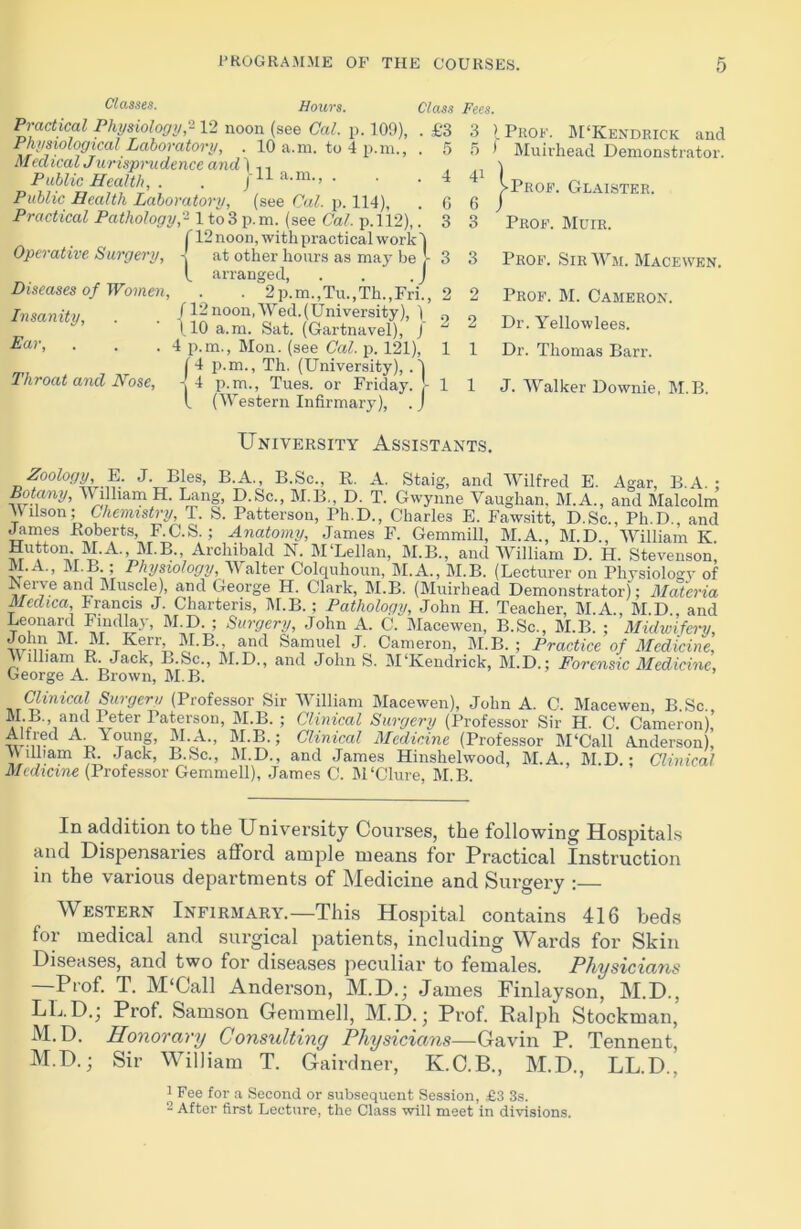 £3 3 5 5 4 41 , x \ ~ — - — ■ tr /> • f 12noon, with practical work 1 •j at other hours as may be J- 3 t arranged, . . . J Classes. Hours. Class Fees. Practical Physiology,'2 12 noon (see Gal. p. 109), Physiological Laboratory, . 10 a.m. to 4 p.m., Medical Jurisprudence and \ ,, Public Health, . . j 11 a.m., . Public Health Laboratory, (see Cal. p. 114), Practical Pathology,* l to 3 p. m. (see Cal. p.112),. Operative Surgery, Diseases of Women, Insanity, Ear, Throat and Nose, [Prof. M‘Kendrick and * Muirhead Demonstrator. |>Prof. Glaister. Prof. Muir. 2p.m.,Tu.,Th.,Fri., (12 noon,Wed.(University), ) 110 a.m. Sat. (Gartnavel), J 4 p.m., Mon. (see Cal. p. 121), [4 p.m., Th. (University), .1 -j 4 p.m., Tues. or Friday. !- I (Western Infirmary), . J 3 Prof. Sir Wm. Macewen. 2 Prof. M. Cameron. 2 Dr. Yellowlees. 1 Dr. Thomas Barr. 1 1 J. Walker Downie, M.B. University Assistants. Zoology, E. J Bles, B.A., B.Sc., Pv. A. Staig, and Wilfred E. Agar, B.A. ; Botany, William H. Lang, D.Sc., M.B., D. T. Gwynne Vaughan. M.A., and Malcolm Wdson; Chemistry, T. S. Patterson, Ph.D., Charles E. Fawsitt, D.Sc., Pli.D. and James .Roberts, F.C.S.; Anatomy, James F. Gemmill, M.A., M.D., William K Hutton M.A., M.B., Archibald N. M'Lellan, M.B., and William D. H. Stevenson, M.B.; Physiology, Walter Colquhoun, M.A., M.B. (Lecturer on Physiology of Nerve and Muscle), and George H. Clark, M.B. (Muirhead Demonstrator); Materia Mcdica Francis J. Charteris, M.B.; Pathology, John H. Teacher, M.A., M.D , and Leonard Findlay, M.D. ; Surgery, John A. C. Macewen, B.Sc., M.B. ; Midwifery, M- Kfrr> M-B-. and Samuel J. Cameron, M.B. ; Practice of Medicine, William R. Jack, B.Sc., M.D., and John S. M‘Kendrick, M.D.; Forensic Medicine, George A. Brown, M. B. Clinical Surgery (Professor Sir William Macewen), John A. C. Macewen B Sc M B. and Peter Paterson, M.B. ; Clinical Surgery (Professor Sir H. C. Cameron),’ Alfred A. Young, M.A., M.B.; Clinical Medicine (Professor M‘Call Anderson), Willi am R. Jack, B.Sc., M.D., and James Hinshelwood, M.A., M.D.; Clinical Medicine (Professor Gemmell), James C. M‘Clure, M.B. In addition to the University Courses, the following Hospitals and Dispensaries afford ample means for Practical Instruction in the various departments of Medicine and Surgery :— Western Infirmary.—This Hospital contains 416 beds for medical and surgical patients, including Wards for Skin Diseases, and two for diseases peculiar to females. Physicians Prof. T. M‘Call Anderson, M.D.; James Finlayson, M.D., LUD.; Prof. Samson Gemmell, M.D.’ Prof. Ralph Stockman, M.D. Honorary Consulting Physicians—Gavin P. Tennent, M.D.; Sir William T. Gairdner, K.C.B., M.D., LL.D., ) Fee for a Second or subsequent Session, £3 3s. 2 After first Lecture, the Class will meet in divisions.