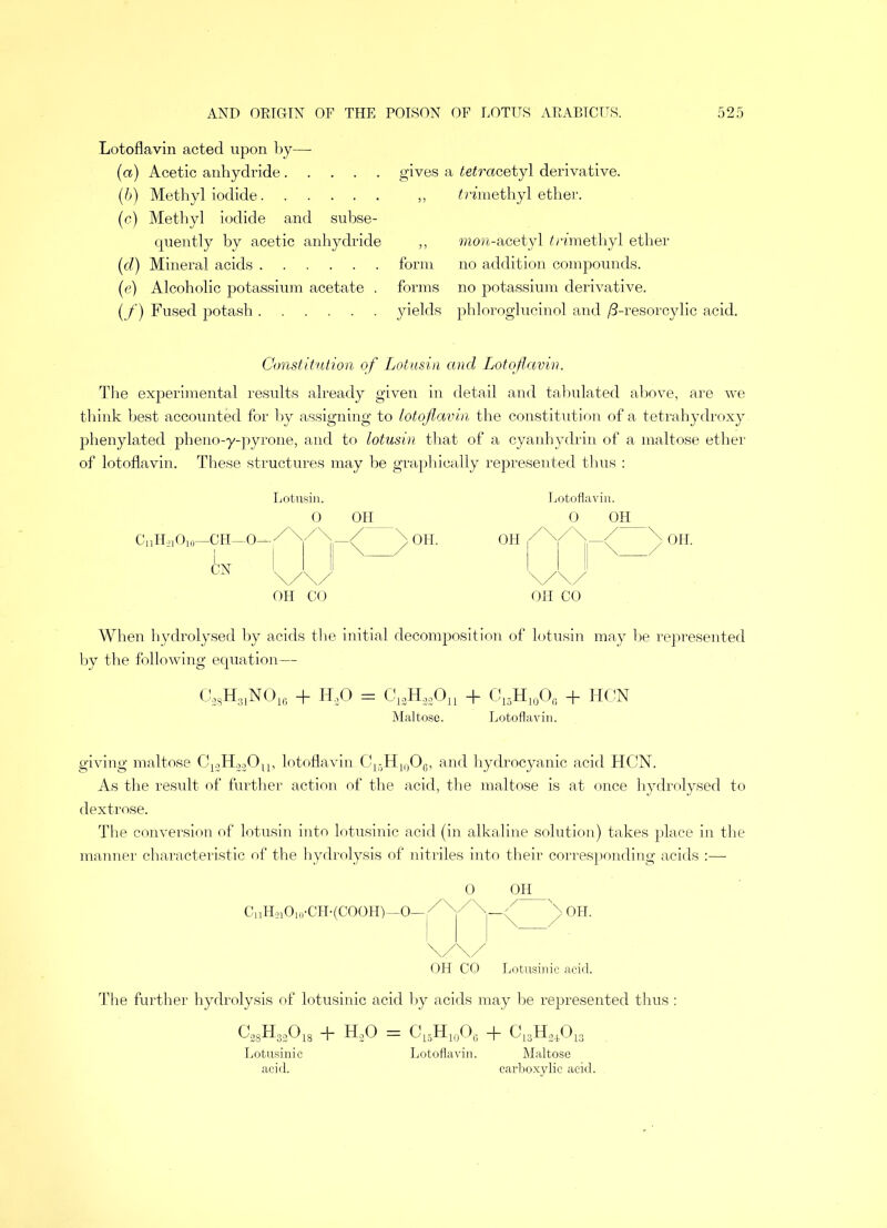 Lotoflavin acted upon by— (a) Acetic anhydride (b) Methyl iodide (c) Methyl iodide and subse- quently by acetic anhydride (d) Mineral acids (e) Alcoholic potassium acetate . (/) Fused potash gives a tefracetyl derivative. ,, Dimethyl ether. „ mon-acetyl trimethyl ether form no addition compounds, forms no potassium derivative, yields phloroglucinol and /3-resorcylic acid. Constitution of Lotusin and Lotoflavin. The experimental results already given in detail and tabulated above, are we think best accounted for by assigning to lotoflavin the constitution of a tetrahydroxy phenylated pheno-y-pyrone, and to lotusin that of a cyanhydrin of a maltose ether of lotoflavin. These structures may be graphically represented thus : Lotusin. Lotoflavin. OH CO OH CO When hydrolysed by acids the initial decomposition of lotusin may be represented by the following equation— C38H81N016 + IT.,0 = C13H33On + C15H10Ofi + HCN Maltose. Lotoflavin. giving maltose C13H33Ou, lotoflavin C15H10O6, and hydrocyanic acid HCN. As the result of further action of the acid, the maltose is at once hydrolysed to dextrose. The conversion of lotusin into lotusinic acid (in alkaline solution) takes place in the manner characteristic of the hydrolysis of nitriles into their corresponding acids :— 0 OH CnH210lo:CH-(COOH)—0— \ OH. OH CO Lotusinic acid. The further hydrolysis of lotusinic acid by acids may be represented thus : c28h33018 + h3o = c15h10o6 + c13h2,o13 Lotusinic Lotoflavin. Maltose acid. carboxylic acid.