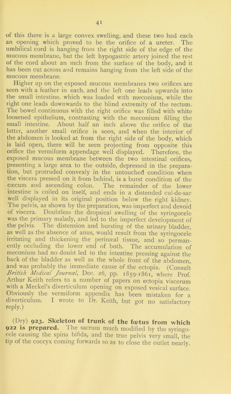 of this there is a large convex swelling, and these two had each an opening which proved to be the orifice of a ureter. The umbilical cord is hanging from the right side of the edge of the mucous membrane, but the left hypogastric artery joined the rest of the cord about an inch from the surface of the body, and it has been cut across and remains hanging from the left side of the mucous membrane. Higher up on the exposed mucous membranes two orifices are seen with a feather in each, and the left one leads upwards into the small intestine, which was loaded with meconium, while the right one leads downwards to the blind extremity of the rectum. The bowel continuous with the right orifice was filled with white loosened epithelium, contrasting with the meconium filling the small intestine. About half an inch above the orifice of the latter, another small orifice is seen, and when the interior of the abdomen is looked at from the right side of the body, which is laid open, there will be seen projecting from opposite this orifice the vermiform appendage well displayed. Therefore, the exposed mucous membrane between the two intestinal orifices, presenting a large area to the outside, depressed in the prepara- tion, but protruded convexly in the untouched condition when the viscera pressed on it from behind, is a burst condition of the caecum and ascending colon. The remainder of the lower intestine is coiled on itself, and ends in a distended cul-de-sac well displayed in its original position below the right kidnev. The pelvis, as shown by the preparation, was imperfect and devoid of viscera. Doubtless the dropsical swelling of the syringocele was the primary malady, and led to the imperfect development of the pelvis. The distension and bursting of the urinary bladder, as well as the absence of anus, would result from the syringocele irritating and thickening the perinseal tissue, and so perman- ently occluding the lower end of both. The accumulation of meconium had no doubt led to the intestine pressing against the back of the bladder as well as the whole front of the abdomen, and was probably the immediate cause of the ectopia. (Consult British Medical Journal, Dec. 26, pp. 1859-1861, where Prof. Arthur Keith refers to a number of papers on ectopia viscerum with a Meckel’s diverticulum opening on exposed vesical surface. Obviously the vermiform appendix has been mistaken for a diverticulum. I wrote to Dr. Keith, but got no satisfactory reply.) (Dry) 923. Skeleton of trunk of the foetus from which 922 is prepared. The sacrum much modified by the syringo- cele causing the spina bifida, and the true pelvis very small, the tip of the coccyx coming forwards so as to close the outlet nearly.
