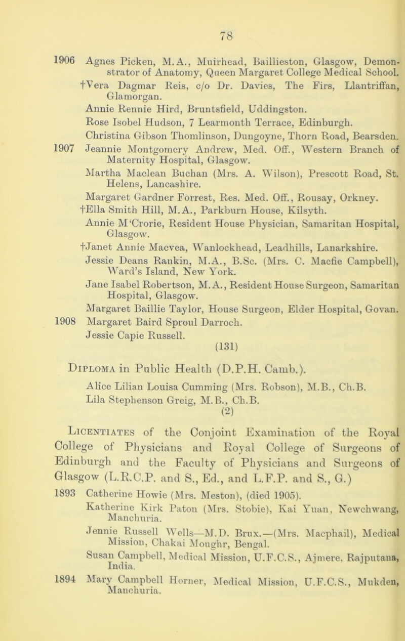 1906 Agnes Pickeii, M.A., Muiihead, Baillieston, Glasgow, Demon- strator of Anatomy, Queen Margaret College Medical School. fVera Dagmar Keis, c/o Dr. Davies, The Firs, Llantriffan, Glamorgan. Annie Rennie Hird, Bruntsfield, Uddingston. Rose Isobel Hudson, 7 Learmonth Terrace, Edinburgh. Christina Gibson Thomlinson, Dungoyne, Thorn Road, Bearsden. 1907 Jeannie Montgomery Andrew, Med. Off., Western Branch of Maternity Hospital, Glasgow. Martha Maclean Buchan (Mrs. A. Wilson), Prescott Road, St. Helens, Lancashire. Margaret Gardner Forrest, Res. Med. Off., Rousay, Orkney. tElla Smith Hill, M.A., Parkburn House, Kilsyth. Annie M'Crorie, Resident House Physician, Samaritan Hospital, Glasgow. fJanet Annie Macvea, Wanlockhead, Leadhills, Lanarkshire. Jessie Deans Rankin, M.A., B.Sc. (Mrs. C. Macfie Campbell), M'ard’s Island, New York. Jane Isabel Robertson, M.A., Resident House Surgeon, Samaritan Hospital, Glasgow. Margaret Baillie Taylor, House Surgeon, Elder Hospital, Govan. 1908 Margaret Baird Sproul Darroch. Jessie Capie Russell. (131) Diploma in Public Health (D.P.H. Camb.). Alice Lilian Louisa Gumming (Mrs. Robson), M.B., Ch.B. Lila Stephenson Greig, M.B., Ch.B. (2) Licentiates of the Conjoint Examination of the Royal College of Physicians and Royal College of Surgeons of Edinburgh and the Faculty of Phy.sicians and Surgeons of Glasgow (L.R.C.P. and S., Ed., and L.F.P. and S., G.) 1893 Catlierine Howie (Mrs. Meston), (died 1905). Katherine Kirk Patou (Mrs. vStobie), Kai Yuan, Newchwang, Manchuria. Jennie Russell Wells—M.D. Brux.—(Mrs. Macphail), Medical Mission, Chakai Mouehr, Bengal. Susan Campbell, Medical Mission, U.F.C.S., Ajmere, Rajputana, India. 1894 Mary Campbell Horner, Medical Mission, U.F.C.S., Mukden, Manchuria.