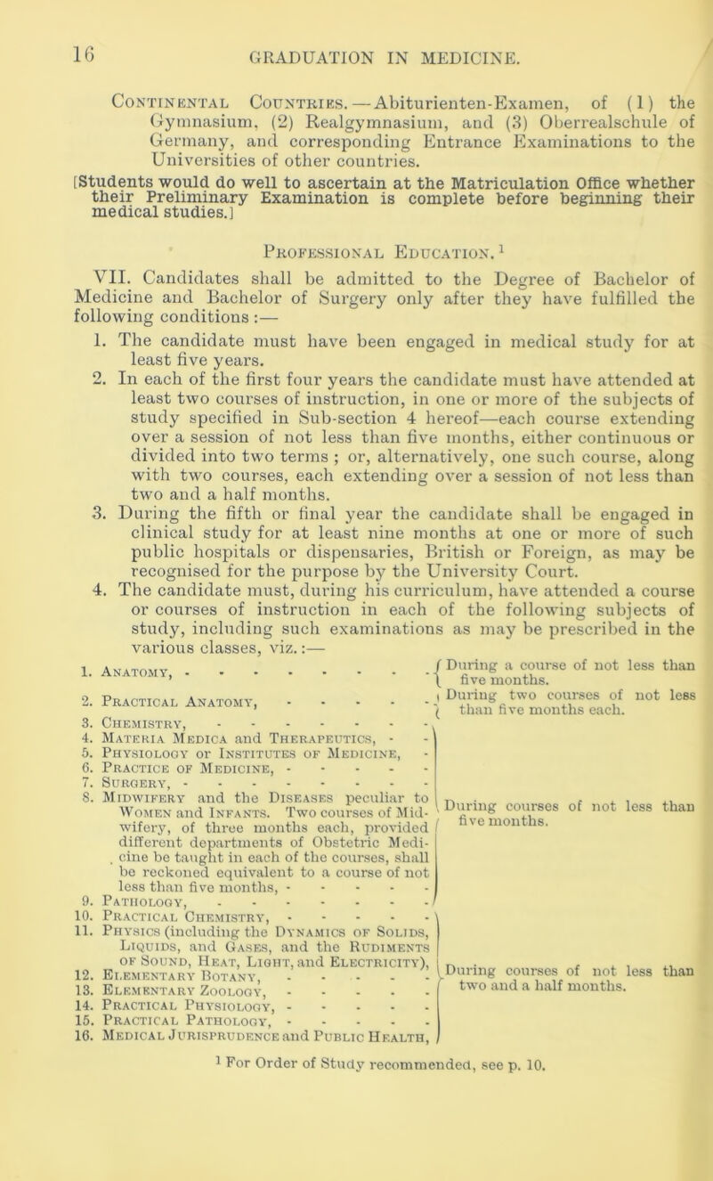 Continental Countries.—Abiturienteii-Examen, of (1) the Cynmasium, (2) Realgymnasium, and (3) Oberrealschule of Germany, and corresponding Entrance Examinations to the Universities of other countries. [Students would do well to ascertain at the Matriculation Office whether their Preliminary Examination is complete before beginning their medical studies.] Professional Education. ^ VII. Candidates shall be admitted to the Degree of Bachelor of Medicine and Bachelor of Surgery only after they have fulfilled the following conditions :— 1. The candidate must have been engaged in medical study for at least five years. 2. In each of the first four years the candidate must have attended at least two courses of instruction, in one or more of the subjects of study specified in Sub-section 4 hereof—each course extending over a session of not less than five months, either continuous or divided into two terms ; or, alternatively, one such course, along with two courses, each extending over a session of not less than two and a half months. 3. During the fifth or final year the candidate shall be engaged in clinical study for at least nine months at one or more of such public hospitals or dispensaries, British or Foreign, as may be recognised for the purpose by the University Court. 4. The candidate must, during his curriculum, have attended a course or courses of instruction in each of the following subjects of study, including such examinations as may be prescribed in the various classes, viz.:— 1. Anatomy, - 9. 10. 11. 12. 13. 14. 15. 16. Practical Anatomy, .... Chemistry, Materia Medica and Therapeutics, - Physiology or Institutes of Medicine, Practice of Medicine, Surgery, Midwifery and the Diseases peculi.ar to Women and Infants. Two courses of Mid- wifery, of three months each, provided [ different departments of Obstetric Medi- ' . cine be taught in each of the courses, shall be reckoned equivalent to a course of not less than five months, Pathology, Practical Che.mistry, Physics (including the Dynamics of Solids, Liquids, and Gases, and the Rudiments OF Sound, Heat, Light, and Electricity), Elementary Botany, Elementary Zoology, Practical Physioloov, Practical Pathology, Medical Jurisprudence and Public Health, / During a course of not less than ' t five mouths. ( During two courses of not less ' ■( than five months each. During courses five months. of not less than .During courses of not less ^ two and a half months. than 1 For Order of Study recommendert, see p. 10.
