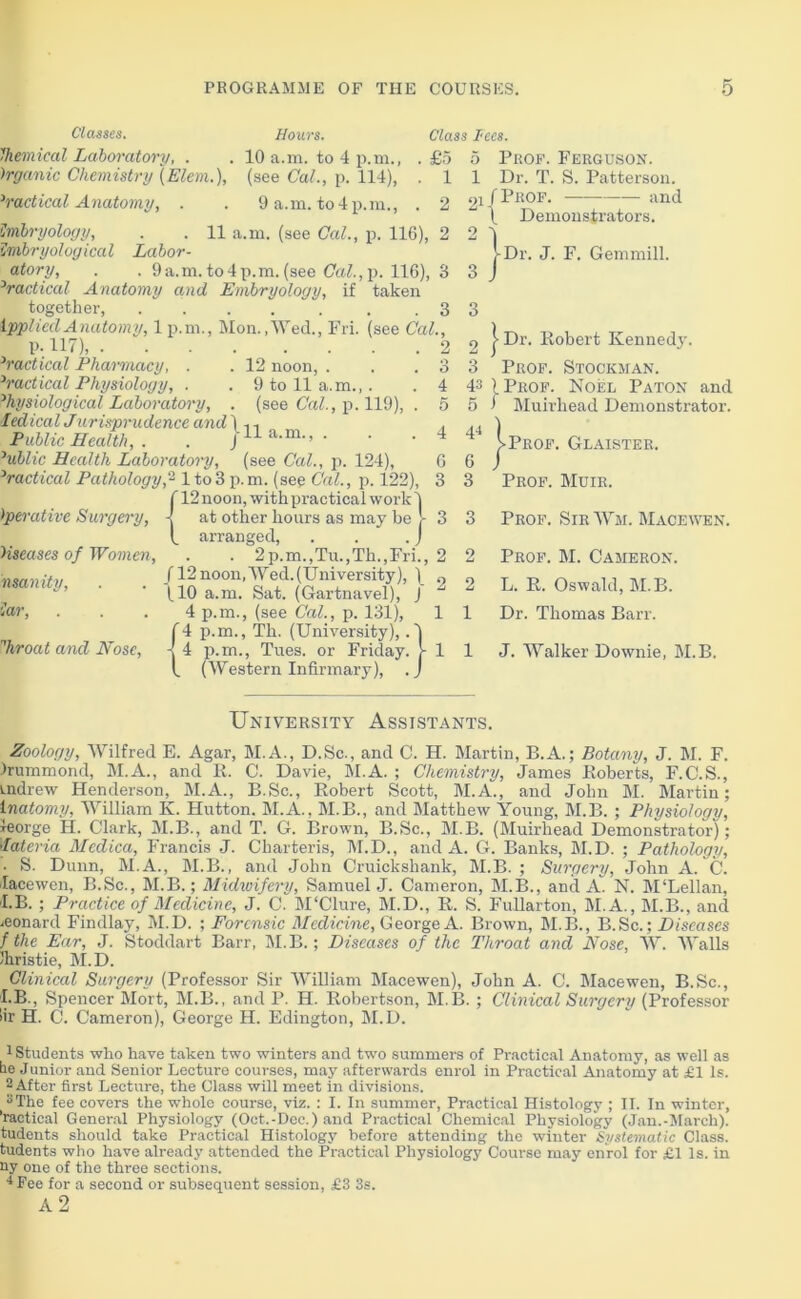 Classes. Hours Class I'ecs. 'Hiemical Laboratory, . . 10 a.m. to 4 p.m., .£5 hganic Chemistry {Elem.), (see C'a/., p. 114), . 1 ^radical Anatomy, . . 9 a.m. to4p.m., . 2 Umbryolotjy, . . 11 a.m. (see Cal., p. 116), 2 Imhryological Labor- atory, . . 9a.m. to4p.m. (see (7rti.,p. 116), 3 ^Tactical Anatomy and Embryology, if taken together, .... . . .3 implied Anatomy, 1p.m., IMon. .IVed., Fri. (see Cal., P-.117), 2 ^radical Phamnacy, . . 12 noon, . . .3 ^radical Physiology, . . 9 to 11 a.m.,. . 4 'Physiological Laboratory, . (see (7aZ., p. 119), . 5 ledical Jurisprudence and \ ^ i Public Health, . . J • Public Health Laboratory, (see Cal., p. 124), Practical Pathology,^ lto3 p.m. (see Cal., p. 122), {12 noon, with practical work' at other hours as may be arranged, 'Hseascs of Women, . . 2p.m.,Tu.,Th.,Frn, 2 nsanitv /12 noon, Wed. (University), \ nsaniiy, . . (Gartnavel), J 'lar, . . . 4 p.m., (see Ua^., p. 131), 1 4 p.m., Th. (University), .1 'hroat and Nose, -[4 p.m., Tues. or Friday. J- 1 (Western Infirmary), .J 5 Prop. Ferguson. 1 Dr. T. S. Patterson. 21/Prof. and 1 Demonstrators. O '1 Dr. J. F. Gemmill. 9 I Dr. Robert Kennedj'. 3 Prof. Stockman. 43 (.Prof. Noel Paton and 5 1 Muirhead Demonstrator. 44 ) >Prof. Glaister. 6 i 3 Prof. Muir. 3 Prof. Sir Wm. Macewen. 2 Prof. M. Cameron. 2 L. R. Oswald, M.B. 1 Dr. Thomas Barr. 1 J. Walker Downie, M.B. University Assistants. Zoology, AVilfred E. Agar, M.A., D.Sc., and C. H. Martin, B.A.; Botany, J. M. F. Irummond, M.A., and R. C. Davie, M.A. ; Chemistry, James Roberts, F.C.S., indrew Henderson, M.A., B.Sc., Robert Scott, M.A., and John M. Martin; inatomy, AA^illiam K. Hutton. M.A., M.B., and Matthew Young, M.B. ; Physiology, leorge H. Clark, M.B., and T. G. Brown, B.Sc., M.B. (Muirhead Demonstrator); fateria Medica, Francis J. Charteris, 1\I.D., and A. G. Banks, M.D. ; Pathology, ■ S. Dunn, M.A., BI.B., and John Cruickshank, M.B. ; Surgery, John A. C. lacewen, B.Sc., M.B.; Midwifery, Samuel J. Cameron, M.B., and A. N. M'Lellan, I.B. ; Practice of Medicine, J. C. M'Clure, M.D., R. S. Fullarton, M.A., M.B., and jeonard Findlay, M.D. ; Forensic Medicine, George A. Brown, M.B., B.Sc.; Diseases f the Ear, J. Stoddart Barr, M.B.; Diseases of the Throat and Nose, AV. AA^alls /hristie, M.D. Clinical Surgery (Professor Sir AA^illiam Macewen), John A. C. Macewen, B.Sc., I.B., Spencer Mort, M.B., and P. H. Robertson, M.B. ; Clinical Surgery (Professor lir H. C. Cameron), George H. Edington, M.D. 1 Students who have taken two winters and two summers of Pi-actical Anatomy, as well as tie Junior and Senior Lecture courses, may afterwards enrol in Practical Anatomy at £1 Is. 2 After first Lecture, the Class will meet in divisions. 3The fee covers the whole course, viz. ; I. In summer. Practical Histology ; II. In winter, 'ractical General Physiology (Oct.-Dec.) and Practical Chemic.al Physiology (Jan.-AIarch). Indents should take Practical Histology before attending the winter Systematic Class, tudents who have already attended the Praetical Physiology Course may enrol for £1 Is. in ny one of the three sections. ‘‘Pee for a second or subsequent session, £3 3s. a2