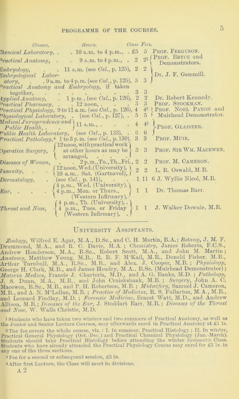 Classes. Hours. Class Chemical Laboratory, . . 10 a.m. to 4 p.m., . £5 ^radical Anatomy, . . 9 a.m. to4p.m., . 2 Embryology, . . 11 a.m. (see Cal., p. 125), 2 Embry nlogical Labor- atory, . . 9a.m. tolp.m. (see Cal., p. 125), 3 Practical Anatomy and Embryology, if taken together, .... . . . 3 Applied Anatomy, . 1 p.m., (see Cal., p. 12G), 2 °ractical Pharmacy, . . 12 noon, . . .3 °ractical Physiology, 9 to 11 a.m. (see Cal., p. 126), 4 Physiological Laboratory, . (see Cal., p. 127), . 5 Medical Jurisprudence and) ^ a m 4 Public Health, . . / ’’ Public Health Laboratory, (see Cal., p. 133), . 6 Practical Pathology,4 1 to 3 p. m. (see Cal., p. 130), 3 12 noon, with practical work 1 at other hours as may be V 3 arranged, . ' . . ) . 2p.m.,Tu.,Th.,Fri., 2 (12noon, Wed.(University), ) 9 (10 a.m., Sat. (Gartnavel), J (see Cal., p. 141), . . 1 4 p.m., Wed. (University),! Operative Surgery, Diseases of Women, Insanity, Dermatology, Ear, Throat and Nose, 4 p.m., Mon. or Thurs., t (Western Infirmary),! 4 p.m., Th. (University),. 4 p.m., Tues. or Friday (Western Infirmary), . Fees. 5 Prof. Ferguson. 91 (Prof. Bryce and ( Demonstrators. 2 1 J-Dr. J. F. Gemmill. 2 Dr. Robert Kennedj’. 3 Prof. Stockman. 42 (Prof. Noel Paton and 5 i Muirhead Demonstrator. l Prof. Glaister. 6 j 3 Prof. Muir. 3 Prof. SirWm. Macewen. 2 Prof. M. Cameron. 2 L. R. Oswald, M.B. 11 G J. Wyllie Nicol, M.B. 1 Dr. Thomas Barr. 1 1 J. Walker Downie, M.B. University Assistants. Zoology, Wilfred E. Agar, M.A., D.Sc., and C. H. Martin, B.A.: Botany, J. M. F. Drummond, M.A., and li. C. Davie, M.A. ; Chemistry, James Roberts, F.C.S., Andrew Henderson, M.A., B.Sc., Robert Scott, M.A., and John M. Martin; Anatomy, Matthew Young. M.B., R. B. F. M‘Kail, M.B., Donald Fisher, M.B., Arthur Turnbull. M.A., B.Sc., M.B., and Alex. J. Cooper, M.B. ; Physiology, George H. Clark, M.B., and James Hendry, M.A.. B.Sc. (Muirhead Demonstrator); Materia Medica, Francis J. Charteris, M.D., and A. G. Banks, M.D. ; Pathology, J. S. Dunn, M.A., M.B., and John Cruickshank, M.B. ; Surgery, John A. C. Macewen, B.Sc., M.B., and P. H. Robertson, M.B.; Midwifery, Samuel J. Cameron, M.B., and A. N. M‘Lellan, M.B. ; Practice of Medicine, R. S. Fullarton, M.A., M.B., and Leonard Findlay, M.D. ; Forensic Medicine, Ernest Watt, M.D., and Andrew Allison, M.B.; Diseases of the Ear, J. Stoddart Barr, M.B.; Diseases of the Throat and Nose, W. Walls Christie, M.D. 1 Students who have taken two winters and two summers of Practical Anatomy, as well as the Junior and Senior Lecture Courses, may afterwards enrol in Practical Anatomy at £1 Is. 2The fee covers the whole course, viz. : I. In summer, Practical Histology ; II. In winter, Practical General Physiology (Oct.-Dee.) and Practical Chemical Physiology (Jan.-March). Students should take Practical Histology before attending the winter Systematic Class. Students who have already attended the Practical Physiology Course may enrol for £1 Is. in any one of the three sections. 3 Pee for a second or subsequent session, £3 3s. 4 After first Lecture, the Class will meet in divisions. A 2
