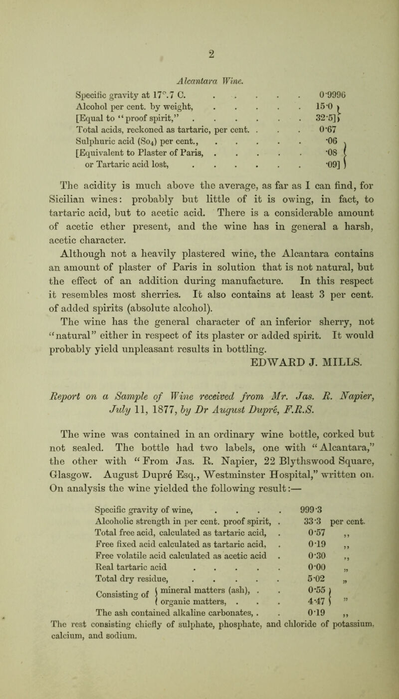 Alcantara Wine. Specific gravity at 17°. 7 C. 0-9996 Alcohol per cent, by weight, 15-0 > . 32-5] > [Equal to “ proof spirit,” .... Total acids, reckoned as tartaric, per cent. . 0-67 Sulphuric acid (So4) per cent •06 ) [Equivalent to Plaster of Paris, . *08 ( or Tartaric acid lost, .... •09] ) The acidity is much above the average, as far as I can find, for Sicilian wines: probably but little of it is owing, in fact, to tartaric acid, but to acetic acid. There is a considerable amount of acetic ether present, and the wine has in general a harsh, acetic character. Although not a heavily plastered wine, the Alcantara contains an amount of plaster of Paris in solution that is not natural, but the effect of an addition during manufacture. In this respect it resembles most sherries. It also contains at least 3 per cent, of added spirits (absolute alcohol). The wine has the general character of an inferior sherry, not “ natural” either in respect of its plaster or added spirit. It would probably yield unpleasant results in bottling. EDWARD J. MILLS. Report on a Sample of Wine received from Mr. Jas. R. Napier, July 11, 1877, by Dr August Dupre, F.R.S. The wine was contained in an ordinary wine bottle, corked but not sealed. The bottle had two labels, one with “Alcantara,” the other with “ From Jas. R. Napier, 22 Blythswood Square, Glasgow. August Dupre Esq., Westminster Hospital,” written on. On analysis the wine yielded the following result:— Specific gravity of wine, .... 999-3 Alcoholic strength in per cent, proof spirit, . 33 3 per cent. Total free acid, calculated as tartaric acid, 0-57 55 Free fixed acid calculated as tartaric acid, 0T9 55 Free volatile acid calculated as acetic acid 0-30 >5 Real tartaric acid ..... 0 00 55 Total dry residue, ..... 5-02 55 Consisting of S mineral mattors (ash)> ' ' 0*55 I , ( organic matters, . 4-47 i ” The ash contained alkaline carbonates, . 0T9 55 The rest consisting chiefly of sulphate, phosphate, and chloride of potassium, calcium, and sodium.
