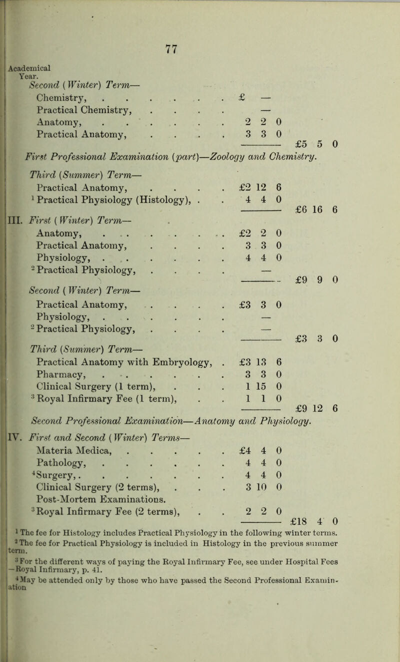Academical Year. Second (Winter) Term— Chemistry, Practical Chemistry, Anatomy, Practical Anatomy, £5 5 0 First Professional Examination {part)—Zoology and Chemistry. Third (Summer) Term— Practical Anatomy, . . . £2 12 6 1 Practical Physiology (Histology), . . 4 4 0 III. First ( Winter) Term— Anatomy, ...... £2 2 0 Practical Anatomy, .... 3 3 0 Physiology, 4 4 0 2 Practical Physiology, .... — Second ( Winter) Term— Practical Anatomy, .... £3 3 0 Physiology, — 2 Practical Physiology, .... — Third (Summer) Term— Practical Anatomy with Embryology, . £3 13 6 Pharmacy, . . 3 3 0 Clinical Surgery (1 term), 1 15 0 3 Royal Infirmary Fee (1 term), 1 1 0 Second Professional Examination—Anatomy and Physl First and Second (Winter) Terms— Materia Medica, £4 4 0 Pathology, ...... 4 4 0 4Surgery, 4 4 0 Clinical Surgery (2 terms), 3 10 0 Post-Mortem Examinations. 3Royal Infirmary Fee (2 terms), 2 2 0 £6 16 6 £9 9 0 £3 3 0 £9 12 6 £18 4 0 1 The fee for Histology includes Practical Physiology in the following winter terms. 2 The fee for Practical Physiology is included in Histology in the previous summer term. 3 For the different ways of paying the Royal Infirmary Fee, see under Hospital Fees — Royal Infirmary, p. 41. 4May be attended only by those who have passed the Second Professional Examin- ation