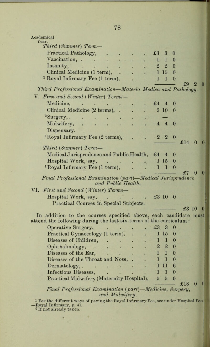 Academical Year. Third (Summer) Term— Practical Pathology, . £3 3 0 Vaccination, . . . . . 1 1 0 Insanity, ..... 2 2 0 Clinical Medicine (1 term), 1 15 0 1 Royal Infirmary Fee (1 term), 1 1 0 £9 2 Third Professional Examination—Materia Medica and Pathology. V. First and Second (Winter) Terms— Medicine, ..... . £4 4 0 Clinical Medicine (2 terms), . 2 Surgery, 3 10 0 Midwifery, ..... 4 4 0 Dispensary. 1 Royal Infirmary Fee (2 terms), 2 2 0 £14 0 Third (Summer) Term— Medical Jurisprudence and Public Health, £4 4 0 Hospital Work, say, 1 15 0 1 Royal Infirmary Fee (1 term), 1 1 0 £7 0 0 Final Professional Examination (part)—Medical Jurisprudence and Public Health. VI. First and Second (Winter) Terms— Hospital Work, say, . Practical Courses in Special Subjects. £3 10 0 £3 10 0 In addition to the courses specified above, each candidate must attend the following during the last six terms of the curriculum : Operative Surgery, .... £3 3 0 Practical Gynaecology (1 term), 1 15 0 Diseases of Children, .... 1 1 0 Ophthalmology, ..... 2 2 0 Diseases of the Ear, .... 1 1 0 Diseases of the Throat and Nose, . 1 1 0 Dermatology, ...... 1 11 6 Infectious Diseases, .... 1 1 0 Practical Midwifery (Maternity Hospital), 5 5 0 £18 0 e Final Professional Examination (part)—Medicine, Surgery, and Midwifery. 1 For the different ways of paying the Royal Infirmary Fee, see under Hospital Fees —Royal Infirmary, p. 41. 2 If not already taken. J