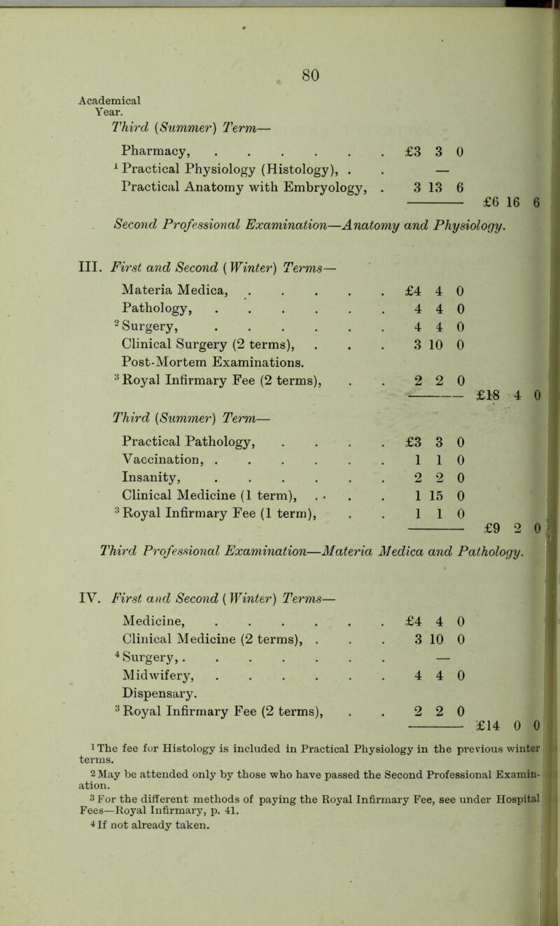 Academical Year. Third (Summer) Term— Pharmacy, £3 3 0 1 Practical Physiology (Histology), . . — Practical Anatomy with Embryology, . 3 13 6 £6 16 6 Second Professional Examination—Anatomy and Physiology. III. First and Second {Winter) Terms— Materia Medica, .... . £4 4 0 Pathology, ..... 4 4 0 2 Surgery, 4 4 0 Clinical Surgery (2 terms), 3 10 0 Post-Mortem Examinations. 3 Royal Infirmary Fee (2 terms), 2 2 0 Third (Summer) Term— Practical Pathology, . £3 3 0 Vaccination, ..... 1 1 0 Insanity, ..... 2 2 0 Clinical Medicine (1 term), 1 15 0 3 Royal Infirmary Fee (1 term), 1 1 0 Third Professional Examination—Materia Medica and Pt IV. First and Second (Winter) Terms— Medicine, ..... . £4 4 0 Clinical Medicine (2 terms), . 3 10 0 4 Surgery, — Midwifery, ..... 4 4 0 Dispensary. 3 Royal Infirmary Fee (2 terms), 2 2 0 £18 4 0 £9 °ffl £14 0 0 1 The fee for Histology is included in Practical Physiology in the previous winter terms. 2 May be attended only by those who have passed the Second Professional Examin- ation. 3 For the different methods of paying the Royal Infirmary Fee, see under Hospital Fees—Royal Infirmai-y, p. 41. 4 If not already taken.