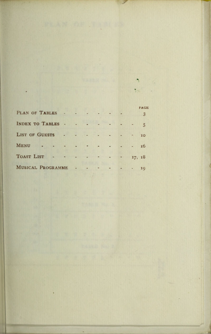 Plan of Tables Index to Tables - List of Guests Menu Toast List Musical Programme PAGE 3 5 IO 16 17, 18 - 19