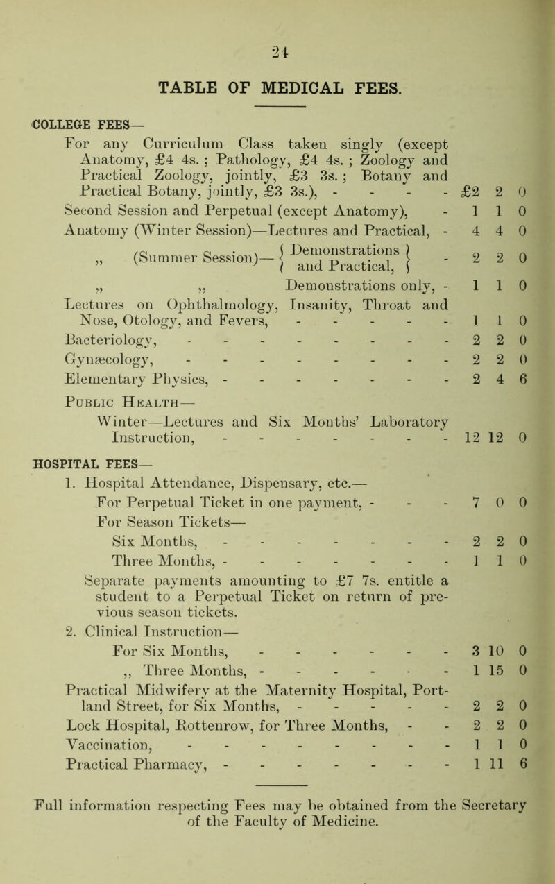 COLLEGE FEES— For any Curriculum Class taken singly (except Anatomy, £4 4s. ; Pathology, £4 4s. ; Zoology and Practical Zoology, jointly, £3 3s. ; Botany and Practical Botany, jointly, £3 3s.), - - - -£220 Second Session and Perpetual (except Anatomy), - 110 Anatomy (Winter Session)—Lectures and Practical, - 4 4 0 „ ,, Demonstrations only, - 110 Lectures on Ophthalmology, Insanity, Throat and Nose, Otology, and Fevers, 110 Elementary Physics, - - - - - - - 246 Public Health— Winter—Lectures and Six Months’ Laboratory Instruction, - - - - - - - 12 12 0 HOSPITAL FEES— 1. Hospital Attendance, Dispensary, etc.— For Perpetual Ticket in one payment, - - -700 For Season Tickets— Six Months, - 2 2 0 Three Months, - - - - - - -110 Separate payments amounting to £7 7s. entitle a student to a Perpetual Ticket on return of pre- vious season tickets. 2. Clinical Instruction— For Six Months, 3 10 0 ,, Three Months, - - - - • -1150 Practical Midwifery at the Maternity Hospital, Port- land Street, for Six Months, 2 2 0 Lock Hospital, Eottenrow, for Three Months, - -220 Vaccination, - - - - - - - -110 Practical Pharmacy, 1116 2 2 0 Bacteriology, Gynaecology, 2 2 0 2 2 0 Full information respecting Fees may be obtained from the Secretary of the Faculty of Medicine.