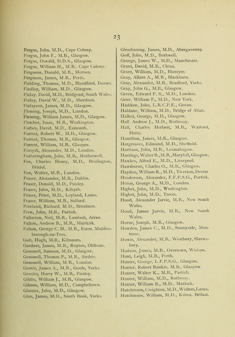 Fergus, John, M.D., Cape Colony. Fergus, John F., M.B., Glasgow. Fergus, Oswald, D.D.S., Glasgow. Fergus, William H., M. B., Cape Colony. Ferguson, Donald, M.B., Morven. Ferguson, James, M.B., Perth. Fielding, Thomas, M.D., Blandford, Dorset. Findlay, William, M.D., Glasgow. Finlay, David, M.D., Bridgend, South Wales. Finlay, David W., M.D., Aberdeen. Finlayson, James, M.D., Glasgow. Fleming, Joseph, M.D., London. Fleming, William James, M.D., Glasgow. Fletcher, Isaac, M.B., Workington. Forbes, David, M.D., Exmouth. Forrest, Robert W., M.D., Glasgow. Forrest, Thomas, M.B., Glasgow. Forrest, William, M.B., Glasgow. Forsyth, Alexander, M.D., London. Fotheringham, John, M.B., Motherwell. Fox, Charles Henry, M.D., Brislington, Bristol. Fox, Walter, M.B., London. Fraser, Alexander, M.B., Dublin. Fraser, Donald, M.D., Paisley. Fraser, John, M.D., Kilsyth. Fraser, Peter, M.D., Leylatid, Lancs. Fraser, William, M.B., Salford. Freeland, Richard, M.D., Broxburn. Frew, John, M.B., Partick. Fullarton, Neil, M.B., Lamlash, Arran. Fulton, Andrew B., M.B., Muirkirk. Fulton, George C. H., M.B., Eston, Middles* borough-on-T ees. Galt, Hugh, M.B., Kilmaurs. Gardner, James, M.B., Royton, Oldham. Gemmell, Samson, M.D., Glasgow. Gemmell, Thomas P., M.B., Airdrie. Gemmell, William, M.B., London. Gentle, James A., M.B., Goole, Yorks. Gentles, Harry W., M.B., Paisley. Giblin, William J., M.B., Glasgow. Gibson, William, M.D., Campbeltown. Glaister, John, M.D., Glasgow. Glen, James, M.D., South Bank, Yorks. Glendinning, James, M.D., Abergavenny. Goff, John, M.D., Bothwell. Grange, James W., M.D., Manchester. Grant, David, M.B., China. Grant, William, M.D., Blantyre. Gray, Albert A., M.B., Blackburn. Gray, Alexander, M.B., Bradford, Yorks. Gray, John G., M.B., Glasgow. Green, Edward F. S., M.D., London. Grier, William F., M.D., New York. Haddow, John, L.R.C.P.E., Govan. Haldane, William, M.D., Bridge of Allan. Halket, George, M.D., Glasgow. Hall, Andrew !., M.D., Rothesay. Hall, Charles Herbert, M.B., Watford, Herts. Hamilton, James, M.B., Glasgow. Hargreaves, Edmund, M.D., Sheffield. Harrison, John, M.B., Lesmahagow. Hastings, Walter B.,M. B.,Maryhill, Glasgow. Hawkes, Alfred E., M.D., Liverpool. Hawthorne, Charles O., M.B., Glasgow. Haydon, William R., M.D., Tiverton, Devon. Henderson, Alexander, F.F.P.S.G., Partick. Heron, George A., M.D., London. Highet, John, M.D., Workington. Highet, John, M.D., Troon. Hood, Alexander Jarvie, M.B., New South Wales. Hood, James Jarvie, M.B., New South Wales. Horne, Joseph, M.B., Glasgow. Howden, James C., M.D., Sunnyside, Mon- trose. Howie, Alexander, M.B., Westbury, Shrews- bury. Hudson, James, M.B., Overtown, Wisliaw. Hunt, Leigh, M.B., Perth. Hunter, George, L.F.P.S.G., Glasgow. Hunter, Robert Rankin, M.B., Glasgow. Hunter, Walter K., M.B., Partick. Hunter, William, M.D., Rothesay. Hunter, William B., M.D., Matlock. Hutchinson, Creighton, M.D., Widnes,Lancs. Hutchinson, William, M.D., Kilrea, Belfast.