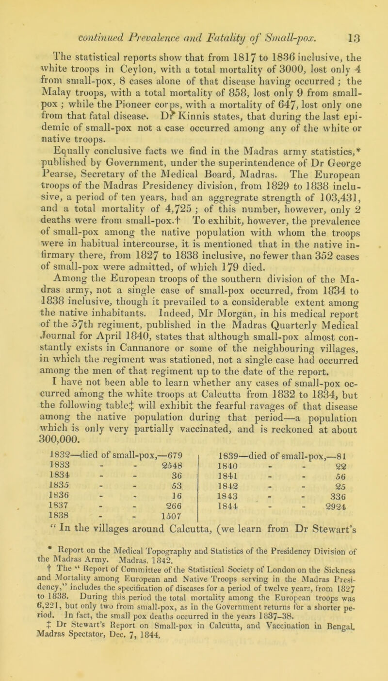 The statistical reports show that from 1817 to 1830 inclusive, the white troops in Ceylon, with a total mortality of 3000, lost only 4 from small-pox, 8 cases alone of that disease having occurred ; the Malay troops, with a total mortality of 858, lost only 9 from small- pox ; while the Pioneer corps, with a mortality of 647, lost only one from that fatal disease. Dr Kinnis states, that during the last epi- demic of small-pox not a case occurred among any of the white or native troops. Equally conclusive facts we find in the Madras army statistics,* published by Government, under the superintendence of Dr George Pearse, Secretary of the Medical Board, Madras. The European troops of the Madras Presidency division, from 1829 to 1838 inclu- sive, a period of ten years, had an aggregrate strength of 103,431, and a total mortality of 4,725 ; of this number, however, only 2 deaths were from small-pox.t To exhibit, however, the prevalence of small-pox among the native population with whom the troops were in habitual intercourse, it is mentioned that in the native in- firmary there, from 1827 to 1838 inclusive, no fewer than 352 cases of small-pox were admitted, of which 179 died. Among the European troops of the southern division of the Ma- dras army, not a single case of small-pox occurred, from 1834 to 1838 inclusive, though it prevailed to a considerable extent among the native inhabitants. Indeed, Mr Morgan, in his medical report of the 57th regiment, published in the Madras Quarterly Medical Journal for April 1840, states that although small-pox almost con- stantly exists in Cannanore or some of the neighbouring villages, in which the regiment was stationed, not a single case had occurred among the men of that regiment up to the date of the report. I have not been able to learn whether any cases of small-pox oc- curred among the white troops at Calcutta from 1832 to 1834, but the following table* will exhibit the fearful ravages of that disease among the native population during that period—a population which is only very partially vaccinated, and is reckoned at about 300,000. 1832- —died of small-pox,—679 1839—died of small-pox,—81 1833 2548 1840 - 22 1834 36 1841 - 56 1835 53 1842 - 25 1836 16 1843 - 336 1837 266 1844 - 2924 1838 1507 “ In the villages around Calcutta, (we learn from Dr Stewart • Report on the Medical Topography and Statistics of the Presidency Division of the Madras Army. Madras, 1842. t The “ Report of Committee of the Statistical Society of London on the Sickness and Mortality among European and Native Troops serving in the Madras Presi- dency,” includes the specification of diseases for a period of twelve years, from 1827 to 1888. During this period the total mortality among the European troops was 6,221, but only two from small-pox, as in the Government returns for a shorter pe- riod. In fact, the small pox deaths occurred in the years 1837-38. + Dr Stewart’s Report on Small-pox in Calcutta, and Vaccination in Bengal Madras Spectator, Dec. 7, 1844.