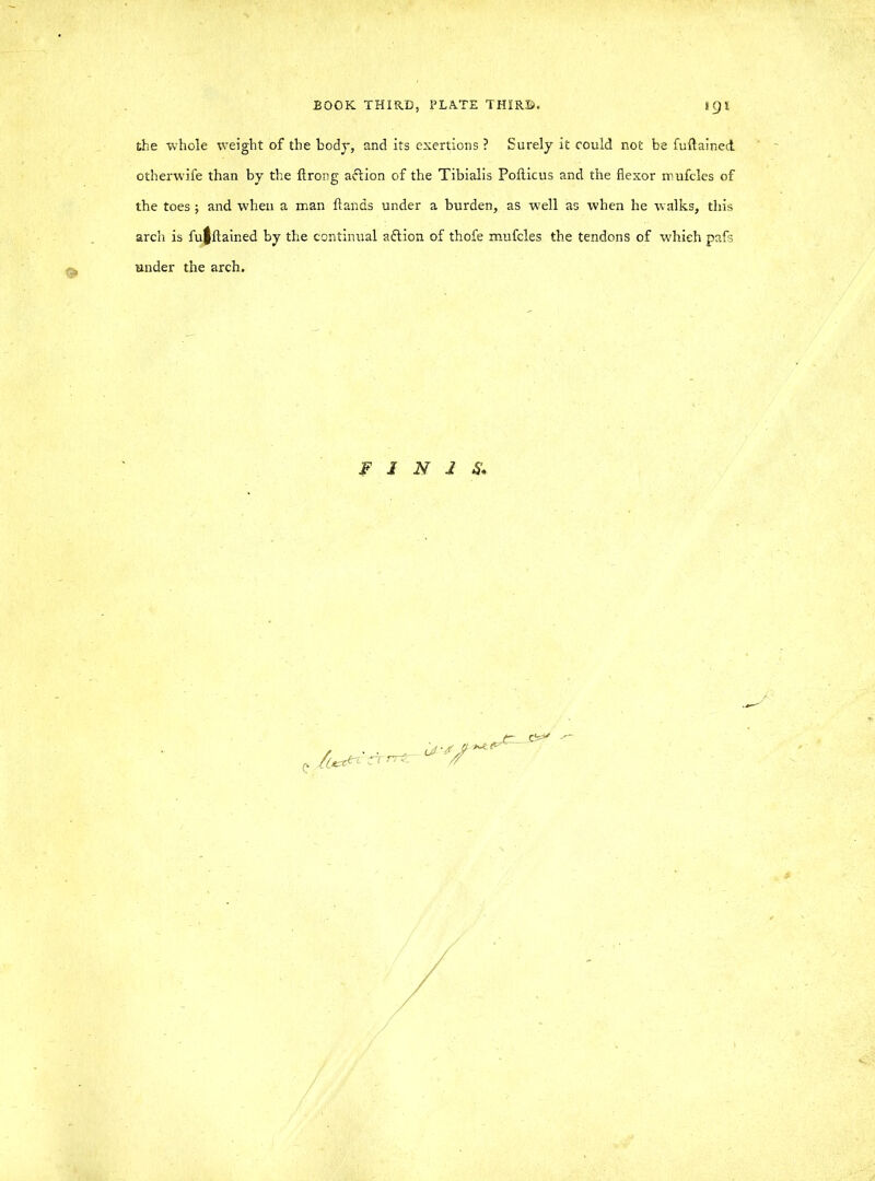 the whole weight of the body, and its exertions ? Surely it could not be fuftained otherwife than by the ftrong action of the Tibialis Pofticus and the flexor mufcles of the toes ; and when a man ftanas under a burden, as well as when he walks, this arch is fufftained by the continual action of thofe mufcles the tendons of which pafs under the arch. FINIS.