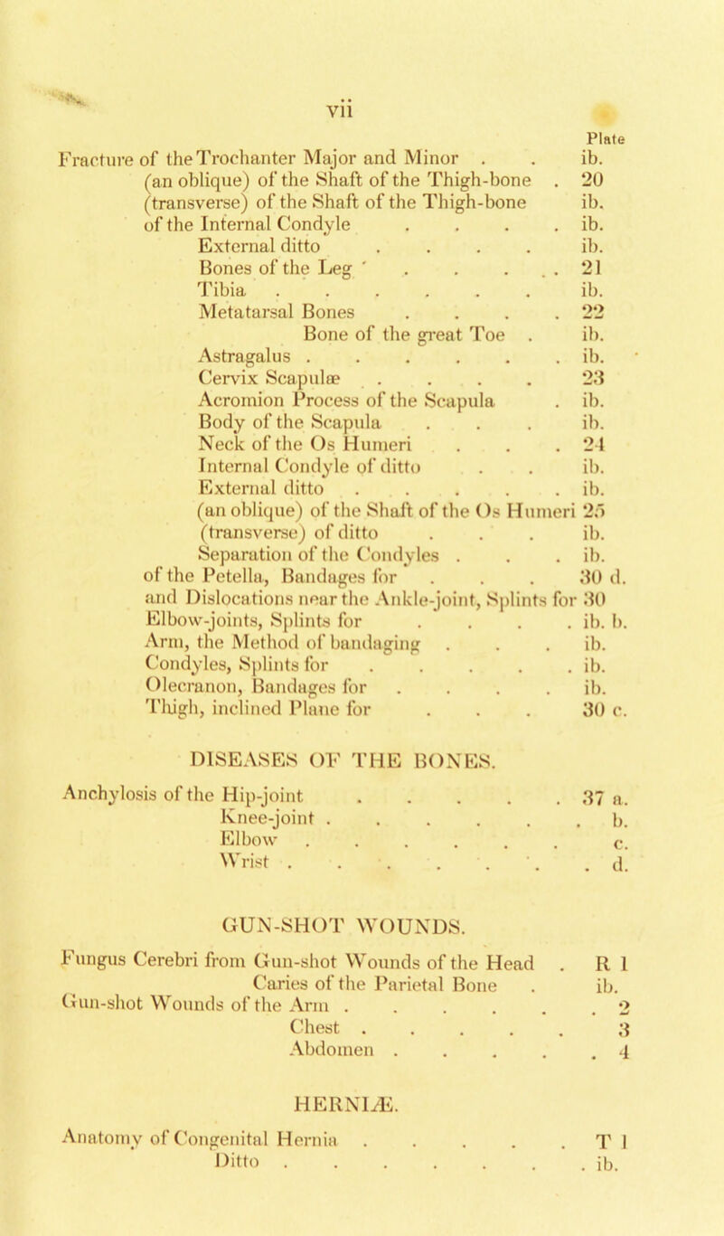 '•’V Plate Fracture of the Trochanter Major and Minor . . ib. (an oblique) of the Shaft of the Thigh-bone . 20 (transverse) of the Shaft of the Thigh-bone ib. of the Internal Condyle . . . . ib. External ditto .... ib. Bones of the Leg ' . . ... 21 Tibia ...... ib. Metatarsal Bones . . . .22 Bone of the great Toe . ib. Astragalus ...... ib. Cervix Scapulae . . . . 23 Acromion Process of the Scapula . ib. Body of the Scapula . . . ib. Neck of the Os Humeri . . . 21 Internal ('ondyle of ditto . . ib. External ditto ..... ib. (an oblique) of the Shall of the Os Humeri 2f> (transverse) of ditto . . . ib. Separation of the Condyles . . . ib. of the Petella, Bandages for . . . 30 d. and Dislocations near the .\nkle-joint, Splints for 30 Elbow-joints, Sj)lints for .... ib. b. Ann, the Method of bandaging . . . ib. Condyles, Splints for .... . ib. Olecranon, Bandages for .... ib. Tlijgh, inclined Plane for ... 30 c. DISE.VSES OF THE BOXES. .\nchylosis of the Hip-joint 37 a. Knee-joint ...... b. Elbow ...... c. 'Vrist . . . . . . .a. GUN-SHOT WOUNDS. Fungus Cerebri from Gun-shot Wounds of the Head . R 1 Caries ol the Parietal Bone . ib. Gun-shot Wounds of the Arm ...... 2 Chest ..... 3 .Vbdomen . . . . , .1 HERNlHi. Anatomy of ('ongenital Hernia . . . . . T 1 Ditto . . . . . . . ib.