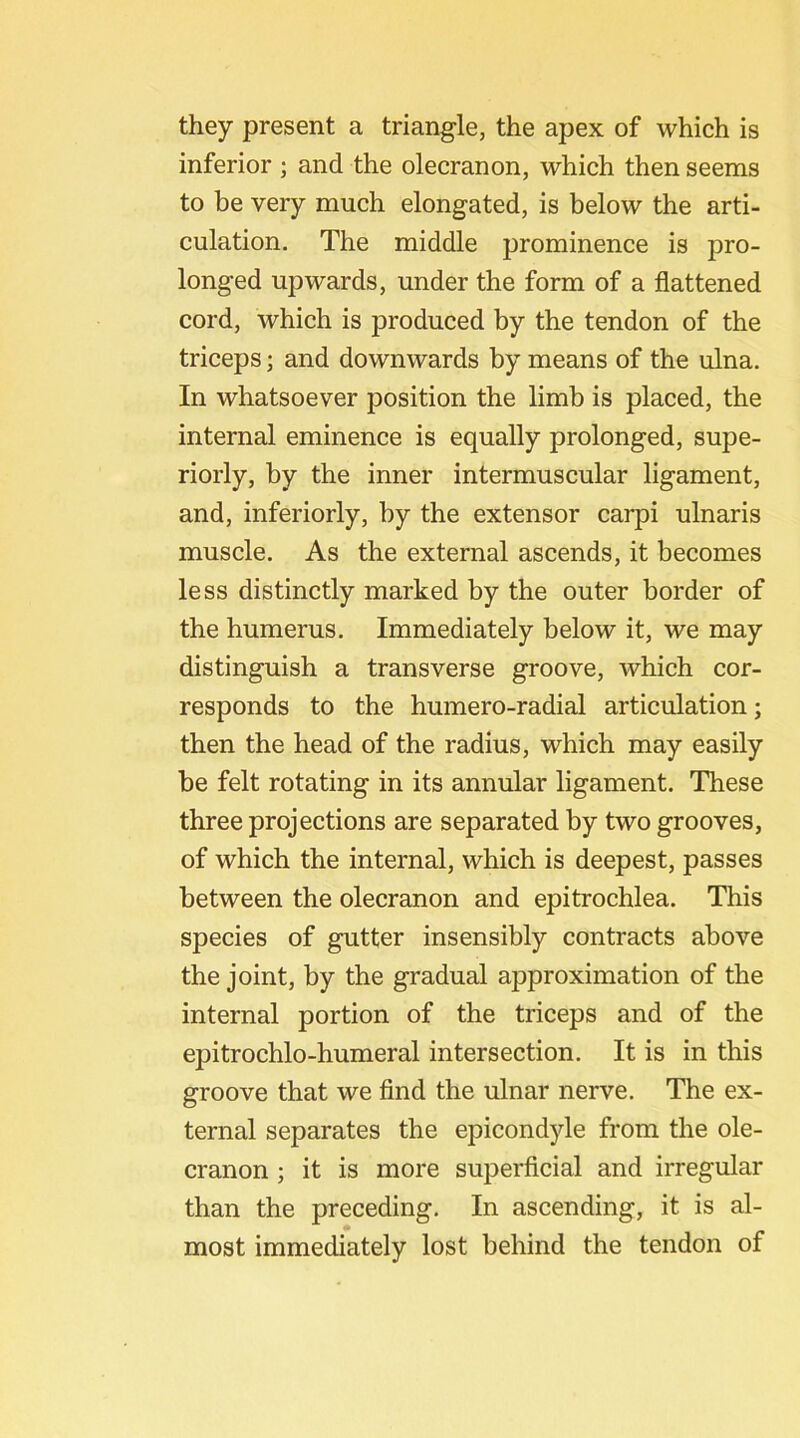 they present a triangle, the apex of which is inferior ; and the olecranon, which then seems to be very much elongated, is below the arti- culation. The middle prominence is pro- longed upwards, under the form of a flattened cord, which is produced by the tendon of the triceps; and downwards by means of the ulna. In whatsoever position the limb is placed, the internal eminence is equally prolonged, supe- riorly, by the inner intermuscular ligament, and, inferiorly, by the extensor carpi ulnaris muscle. As the external ascends, it becomes less distinctly marked by the outer border of the humerus. Immediately below it, we may distinguish a transverse groove, which cor- responds to the humero-radial articulation; then the head of the radius, which may easily be felt rotating in its annular ligament. These three projections are separated by two grooves, of which the internal, which is deepest, passes between the olecranon and epitrochlea. This species of gutter insensibly contracts above the joint, by the gradual approximation of the internal portion of the triceps and of the epitrochlo-humeral intersection. It is in this groove that we find the ulnar nerve. The ex- ternal separates the epicondyle from the ole- cranon ; it is more superficial and irregular than the preceding. In ascending, it is al- most immediately lost behind the tendon of