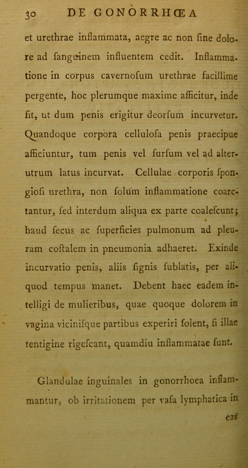 3° et urethrae inflammata, aegre ac non fine dolo- re ad fanguinem influentem cedit. Inflamma- tione in corpus cavernofum urethrae facillime pergente, hoc plerumque maxime afficitur, inde fit, ut dum penis erigitur deorfum incurvetur. Quandoque corpora cellulofa penis praecipue afficiuntur, tum penis vel furfum vel ad alter- utrum latus incurvat. Cellulae corporis fpon- giofi urethra, non folum inflammatione coarc- tantur, fed interdum aliqua ex parte coalefcunt; ♦ haud fecus ac fuperficies pulmonum ad pleu- ram coftalem in pneumonia adhaeret. Exinde incurvatio penis, aliis fignis fublatis, per ali- quod tempus manet. Debent haec eadem in- telligi de mulieribus, quae quoque dolorem in vagina vicinifque partibus experiri folent, fi illae tentigine rigefcant, quamdiu inflammatae funt. Glandulae inguinales in gonorrhoea inflam- mantur, ob irritationem per vafa lymphatica in \ eas