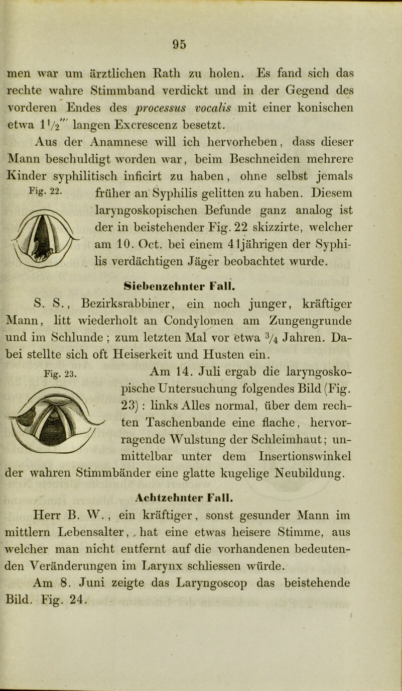 men war um ärztlichen Rath zu holen. Es fand sich das rechte wahre Stimmband verdickt und in der Gegend des vorderen Endes des processus vocalis mit einer konischen etwa V/i langen Excrescenz besetzt. Aus der Anamnese will ich hervorheben, dass dieser Mann beschuldigt worden war, beim Beschneiden mehrere Kinder syphilitisch inficirt zu haben, ohne selbst jemals Fig. 22. früher an Syphilis gelitten zu haben. Diesem laryngoskopischen Befunde ganz analog ist der in beistehender Fig. 22 skizzirte, welcher am 10. Oct. bei einem 41jährigen der Syphi- lis verdächtigen Jäger beobachtet wurde. Siebenzehntei* Fall. S. S., Bezirksrabbiner, ein noch junger, kräftiger Mann, litt wiederholt an Condylomen am Zungengrunde und im Schlunde ; zum letzten Mal vor etwa 3/4 Jahren. Da- bei stellte sich oft Heiserkeit und Husten ein. Am 14. Juli ergab die laryngosko- pische Untersuchung folgendes Bild (Fig. 23) : links Alles normal, über dem rech- ten Taschenbande eine flache, hervor- ragende Wulstung der Schleimhaut; un- mittelbar unter dem Insertionswinkel der wahren Stimmbänder eine glatte kugelige Neubildung. Achtzehntel’ Fall. Herr B. W. , ein kräftiger, sonst gesunder Mann im mittlern Lebensalter, * hat eine etwas heisere Stimme, aus welcher man nicht entfernt auf die vorhandenen bedeuten- den Veränderungen im Larynx schliessen würde. Am 8. Juni zeigte das Laryngoscop das beistehende Bild. Fig. 24. Fig. 23. c
