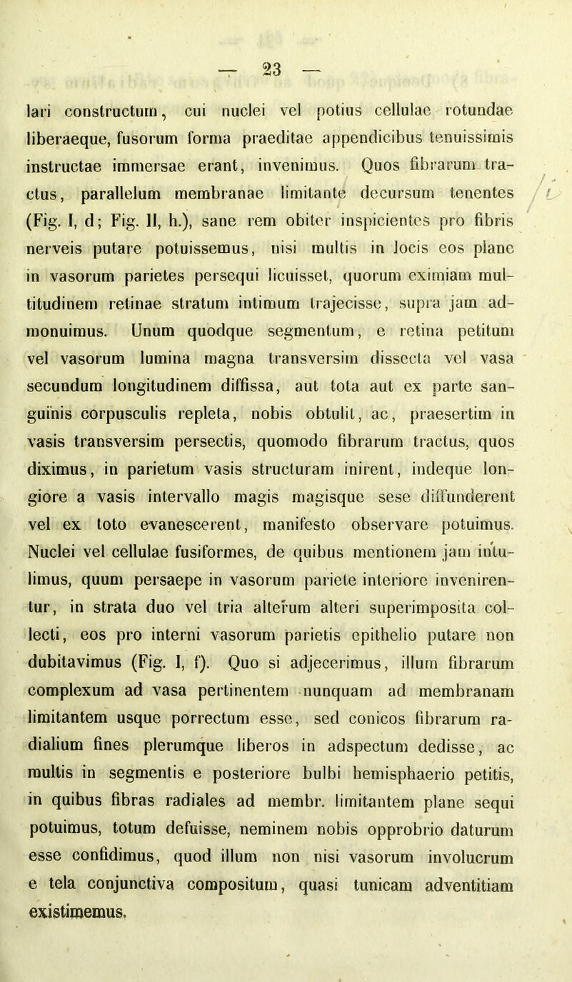 lari constructum, cui nuclei vel potius cellulae rotundae liberaeque, fusorum forma praeditae appendicibus tenuissimis instructae immersae erant, invenimus. Quos fibrarum tra- ctus, parallelum membranae limitante decursum tenentes (Fig. I, d; Fig. 11, h.), sane rem obiter inspicientes pro fibris nerveis putare potuissemus, nisi multis in locis eos plane in vasorum parietes persequi licuisset, quorum eximiam mul- titudinem retinae stratum intimum trajecisse, supra jam ad- monuimus. Unum quodque segmentum, e retina petitum vel vasorum lumina magna transversim dissecta vel vasa secundum longitudinem diffissa, aut tota aut ex parte san- guinis corpusculis repleta, nobis obtulit, ac, praesertim in vasis transversim persectis, quomodo fibrarum tractus, quos diximus, in parietum vasis structuram inirent, indeque lon- giore a vasis intervallo magis magisque sese diffunderent vel ex loto evanescerent, manifesto observare potuimus. Nuclei vel cellulae fusiformes, de quibus mentionem jam intu- limus, quum persaepe in vasorum pariete interiore inveniren- tur, in strata duo vel tria alterum alteri superimposita col- lecti, eos pro interni vasorum parietis epithelio putare non dubitavimus (Fig. I, f). Quo si adjecerimus, illum fibrarum complexum ad vasa pertinentem nunquam ad membranam limitantem usque porrectum esse, sed conicos fibrarum ra- dialium fines plerumque liberos in adspectum dedisse, ac multis in segmentis e posteriore bulbi hemisphaerio petitis, in quibus fibras radiales ad membr. limitantem plane sequi potuimus, totum defuisse, neminem nobis opprobrio daturum esse confidimus, quod illum non nisi vasorum involucrum e tela conjunctiva compositum, quasi tunicam adventitiam existimemus.