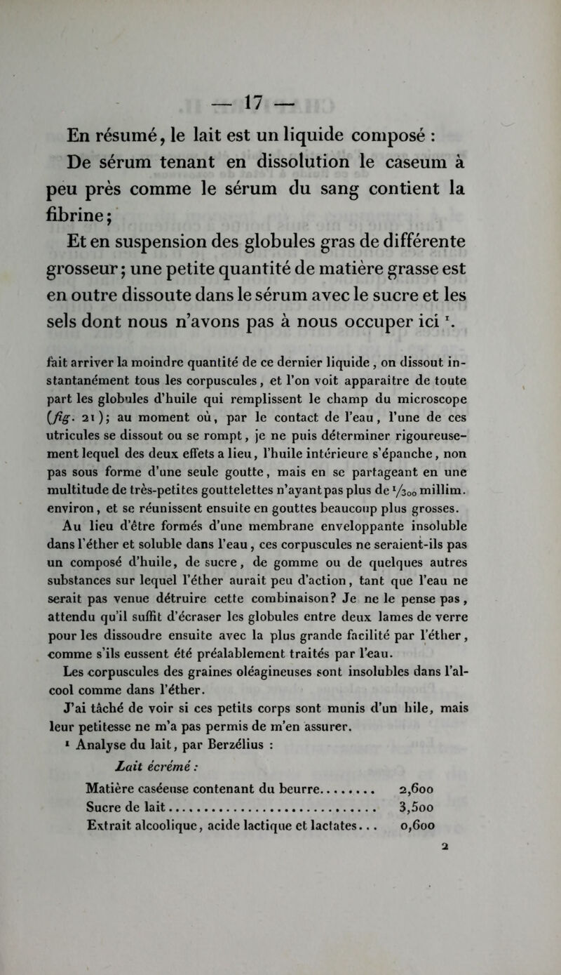 En résumé, le lait est un liquide composé : De sérum tenant en dissolution le caséum à peu près comme le sérum du sang contient la fibrine ; Et en suspension des globules gras de différente grosseur ; une petite quantité de matière grasse est en outre dissoute dans le sérum avec le sucre et les sels dont nous n’avons pas à nous occuper ici ^ fait arriver la moindre quantité de ce dernier liquide , on dissout in- stantanément tous les corpuscules, et l’on voit apparaître de toute part les globules d’huile qui remplissent le champ du microscope 21); au moment où, par le contact de l’eau, l’une de ces utricules se dissout ou se rompt, je ne puis déterminer rigoureuse- ment lequel des deux effets a lieu, l’huile intérieure s’épanche, non pas sous forme d’une seule goutte, mais en se partageant en une multitude de très-petites gouttelettes n’ayant pas plus de '^/zoo millim. environ, et se réunissent ensuite en gouttes beaucoup plus grosses. Au lieu d’être formés d’une membrane enveloppante insoluble dans l’éther et soluble dans l’eau, ces corpuscules ne seraient-ils pas un composé d’huile, de sucre, de gomme ou de quelques autres substances sur lequel l’éther aurait peu d’action, tant que l’eau ne serait pas venue détruire cette combinaison? Je ne le pense pas, attendu qu’il suffit d’écraser les globules entre deux lames de verre pour les dissoudre ensuite avec la plus grande facilité par l’éther, comme s’ils eussent été préalablement traités par l’eau. Les corpuscules des graines oléagineuses sont insolubles dans l’al- cool comme dans l’éther. J’ai tâché de voir si ces petits corps sont munis d’un hile, mais leur petitesse ne m’a pas permis de m’en assurer. ‘ Analyse du lait, par Berzélius : Lait écrémé : Matière caséeuse contenant du beurre 2,600 Sucre de lait 3,5oo Extrait alcoolique, acide lactique et lactates... 0,600 2