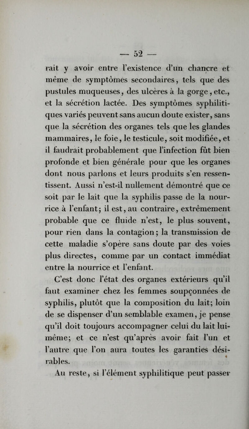 rait y avoir entre l’existence d’un chancre et meme de symptômes secondaires, tels que des pustules muqueuses, des ulcères à la gorge,etc., et la sécrétion lactée. Des symptômes syphiliti- ques variés peuvent sans aucun doute exister, sans que la sécrétion des organes tels que les glandes mammaires, le foie, le testicule, soit modifiée, et il faudrait probablement que l’infection fût bien profonde et bien générale pour que les organes dont nous parlons et leurs produits s’en ressen- tissent. Aussi n’est-il nullement démontré que ce soit par le lait que la syphilis passe de la nour- rice à l’enfant ; il est, au contraire, extrêmement probable que ce fluide n’est, le plus souvent, pour rien dans la contagion ; la transmission de cette maladie s’opère sans doute par des voies plus directes, comme par un contact immédiat entre la nourrice et l’enfant. C’est donc l’état des organes extérieurs qu’il faut examiner chez les femmes soupçonnées de syphilis, plutôt que la composition du lait; loin de se dispenser d’un semblable examen, je pense qu’il doit toujours accompagner celui du lait lui- même; et ce n’est qu’après avoir fait l’un et l’autre que l’on aura toutes les garanties dési- rables. Au reste, si l’élément syphilitique peut passer