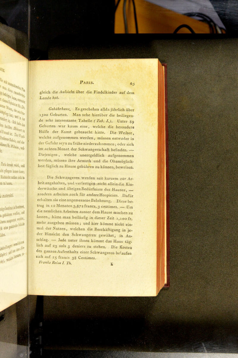 gleich die Aufsicht über die Findelkinder auf dem I-iande hat. Gebährhaus, Es geschehen allda jährlich über 1500 Geburten. Man sehe hierüber die beiliegen» de sehr interessante Tabelle (Tab. I.), Unter 89 Geburten war kaum eine, welche die besondere Hülfe der Kunst gebraucht hätte. Die Weiber, welche aufgenommen werden, müssen entweder in der Gefahr sejn zu frühe niederzukommen •, oder sich im achten Monat der Schwangerschaft befinden. — Diejenigen , welche unentgeldlich aufgenommen werden, müssen ihre Armuth und die Ohnmöglich- keit füglich zu Hause gebähren zu können, beweisen. Die Schwangeren Werden seit kurzem zür Ar- beit angehalten, und Terfertigeu^nicht allein die Kin- derwäsche und übrigen Bedürfnisse des Hauses, sondern arbeiten auch für andere Hospicien. Dafür erhalten sie eine angemessene Belohnung. Diese be^ trug in 12 Monaten 3,872 francs, 3 Centimes. — Um die nemlichen Arbeiten ausser dem Hause machen zu lassen, hätte man beiläufig in dieser Zeit 1,100fr. mehr ausgeben müssen ; und hier kömmt nicht ein- mal der Nutzen, welchen die Beschäftigung in>- der Hinsicht den Schwangeren gewährt, in An- schlag. — Jede unter ihnen kömmt das Haus täg- lieh auf 23 sols 3 deniers zu stehen. Die Kosten des ganzen Aufenthalts einer Schwangeren belaufen sich auf 25 francs 38 Centimes. Franks Reise L Th. £ •Ck: it. kraik witd, md iCht pflegen lassen kann; latben sickia en TÄ'iam, ’i mlmiti hgelnsWkistliest!®®*» n'ollen, :h eine pi' Iden. .1 .Ml''“ ’
