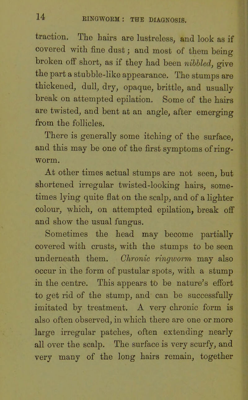 traction. The hairs are lustreless, and look as if covered with fine dust; and most of them being broken off short, as if they had been nibbled, give the part a stubble-like appearance. The stumps are thickened, dull, dry, opaque, brittle, and usually break on attempted epilation. Some of the hairs are twisted, and bent at an angle, after emerging from the follicles. There is generally some itching of the surface, and this may be one of the first symptoms of ring- worm. At other times actual stumps are not seen, but shortened irregular twisted-looking hairs, some- times lying quite flat on the scalp, and of a lighter colour, which, on attempted epilation, break off and show the usual fungus. Sometimes the head may become partially covered with crusts, with the stumps to be seen underneath them. Chronic ringworm may also occur in the form of pustular spots, with a stump in the centre. This appears to be nature’s effort to get rid of the stump, and can be successfully imitated by treatment. A very chronic form is also often observed, in which there are one or more large irregular patches, often extending nearly all over the scalp. The sui'face is very scurfy, and very many of the long hairs remain, together