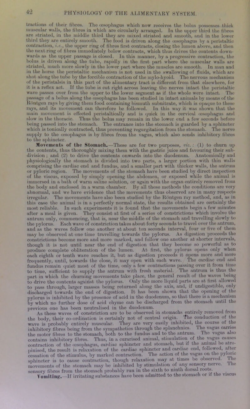 tractions of their fibres. The oesophagus which now receives tho bolus possesses thick muscular walls, the fibres in which are circularly arranged. In the upper third the fibres are striated, in the middle third they are mixed striated and smooth, and in the lower third they are entirely smooth. The food is driven along the (esophagus by a peristaltic contraction, i.e., tho upper ring of fibres first contracts, closing the lumen above, and then the next ring of fibres immediately below contracts, which thus drives the contents down- wards as the upper passage is closed. In this manner, by a progressive contraction, the bolus is driven along the tube, rapidly in the first part where the muscular walls are striated, much more slowly in the lower part where the muscles .are smooth. In man and in the horse the peristaltic mechanism is not used in the swallowing of fluids, which are shot along the tube by the forcible contraction of the mylo-hyoid. Tho nervous mechanism of the peristalsis in this part of the alimentary tract is different from that elsewhere, for it is a reflex act. If the tube is cut right across leaving the nerves intact the peristaltic wave passes over from the upper to the lower segment as if the whole were intact. The passage of a bolus along the (esophagus has been studied in intact animals by means of the Rdntgen rays by giving them food containing bismuth subnitrate, which is opaque to these rays, and its movement can therefore be followed. In this way it was shown that the main movement is effected peristaltieally and is quick in the cervical (esophagus and slow in the thoracic. Thus the bolus may remain in the lower end a few seconds before being passed into the stomach. The entrance into the stomach is guarded by a sphincter which is tonically contracted, thus preventing regurgitation from the stomach. The nerve supply to the oesophagus is by fibres from the vagus, which also sends inhibitory fibres to the sphincter. Movements of the Stomach.—These are for two purposes, viz. : (1) to churn up the contents, thus thoroughly mixing them with the gastric juice and favouring their sub- division ; and (2) to drive the contents onwards into the duodenum. Anatomically and physiologically the stomach is divided into two parts, a larger portion with thin walls comprising the cardiac end and fundus, and a smaller part with thicker walls, the antrum or pyloric region. The movements of the stomach have been studied by direct inspection of the viscus, exposed by simply opening the abdomen, or exposed while the animal is immersed in a bath of warm saline solution, or again with the organ entirely removed from the body and enclosed in a warm chamber. By all these methods the conditions are very abnormal, and we have evidence that the movements thus observed are in many respects irregular. Tho movements have also been studied by the Rbntgen ray method, and, as in this case the animal is in a perfectly normal state, the results obtained are certainly the most reliable. In such experiments it is found that the movements begin a few minutes after a meal is given. They consist at first of a series of constrictions which involve the antrum only, commencing, that is, near the middle of the stomach and travelling slowly to the pylorus. Each wave of constriction takes about forty seconds to travel over the antrum, and as the waves follow one another at about ten seconds interval, four or five of them may be observed at one time travelling towards the pylorus. As digestion proceeds the constrictions become more and more marked, and follow one another at shorter intervals, though it is not until near the end of digestion that the}' become so powerful as to produce complete obliteration of the lumen. At first, the pylorus opens only when each eighth or tenth wave reaches it, but as digestion proceeds it opens more and more frequently, until, towards the close, it may open with each wave. The cardiac end and fundus remain quiet most of the time, only a few contractions passing over it from time to time, sufficient to supply the antrum with fresh material. The antrum is thus the part in which the churning movements take place, the general result of the waves being to drive the contents against the pylorus. Only the more liquid parts are at first allowed to pass through, larger masses being returned along the axis, and, if undigestible, only discharged towards tho end of digestion. It has been shown that the opening of the pylorus is inhibited by the presence of acid in the duodenum, so that there is a mechanism by which no further dose of acid chyme can be discharged from the stomach until the previous one has been neutralised in the duodenum. As these waves of constriction are to be observed in stomachs entirely removed from the body, thoir co-ordination is certainly not of central origin. The conduction of the wave is probably entirely muscular. They are very easily inhibited, the course of the inhibitory fibres being from the sympathetica through the splanchnics. The vagus carries the motor fibres to the stomach, both to the fundus and to the antrum. The vagus also contains inhibitory fibres. Thus, in a curarised animal, stimulation of the vagus causes contraction of the oesophagus, cardiac sphincter and stomach, but if the animal lie atro- pinised, the result is relaxation of the cardiac sphincter and cardiac end, followed, after cessation of the stimulus, by marked contraction. The action of the vagus on the pyloric sphincter is to cause contraction, though relaxation may at times be observed. 1 he movements of the stomach may be inhibited by stimulation of any sensory nerve. he sensory fibres from the stomach probably run in the sixth to ninth dorsal roots. Vomit ing.—If irritating substances have been admitted to the stomach or if t he viscus