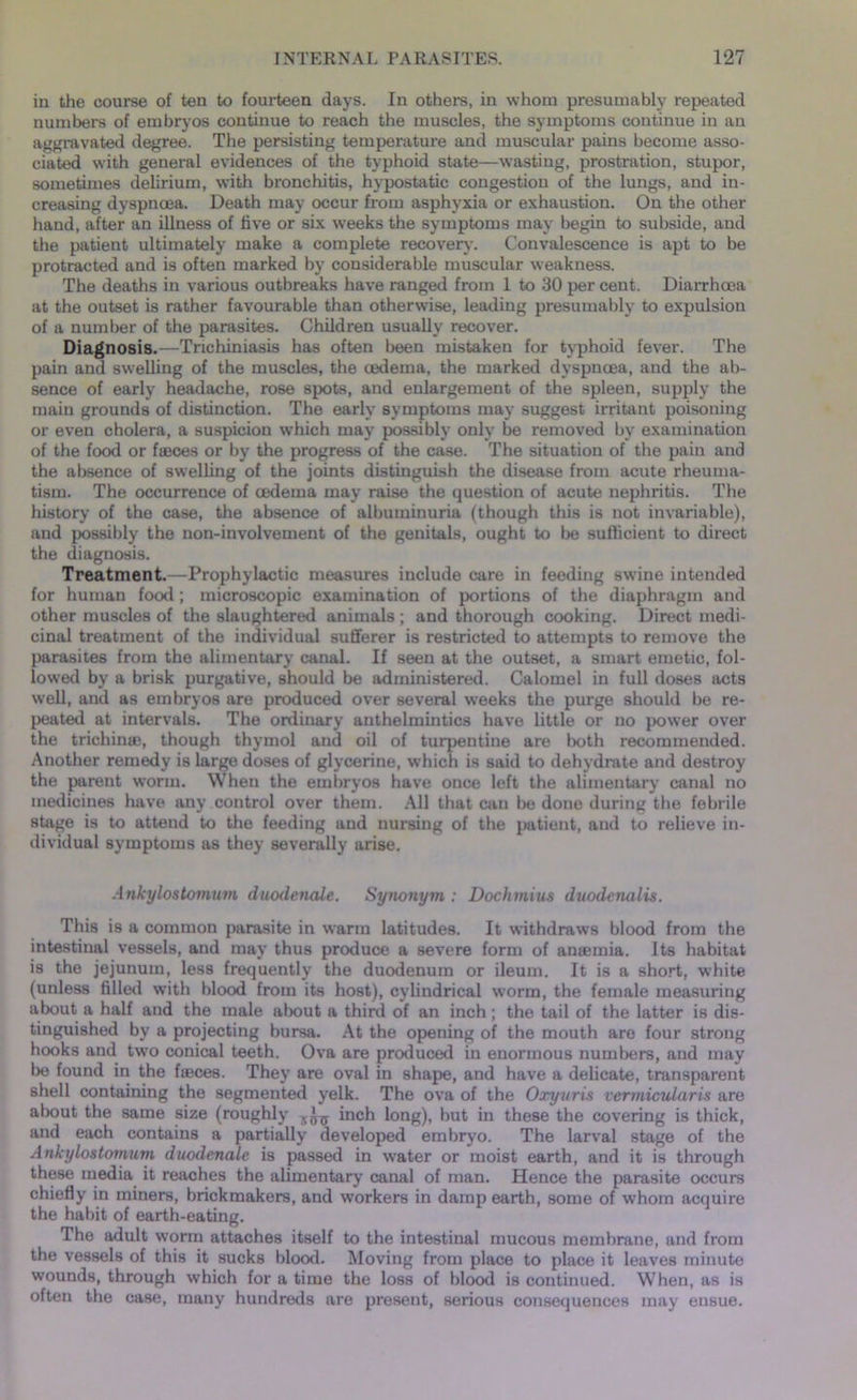 iu the course of ten to fourteen days. In others, in whom presumably repeated numbers of embryos continue to reach the muscles, the symptoms continue in an aggravated degree. The persisting temperature and muscular pains become asso- ciated with general evidences of the typhoid state—wasting, prostration, stupor, sometimes delirium, with bronchitis, hypostatic congestion of the lungs, and in- creasing dyspnoea. Death may occur from asphyxia or exhaustion. On the other hand, after an illness of five or six weeks the symptoms may begin to subside, and the patient ultimately make a complete recovery. Convalescence is apt to be protracted and is often marked by considerable muscular weakness. The deaths in various outbreaks have ranged from 1 to 30 per cent. Diarrhoea at the outset is rather favourable than otherwise, leading presumably to expulsion of a number of the parasites. Children usually recover. Diagnosis.—Trichiniasis has often been mistaken for typhoid fever. The pain and swelling of the muscles, the oedema, the marked dyspnoea, and the ab- sence of early headache, rose spots, and enlargement of the spleen, supply the main grounds of distinction. The early symptoms may suggest irritant poisoning or even cholera, a suspicion which may possibly only be removed by examination of the food or faeces or by the progress of the case. The situation of the pain and the absence of swelling of the joints distinguish the disease from acute rheuma- tism. The occurrence of oedema may raise the question of acute nephritis. The history of the case, the absence of albuminuria (though this is not invariable), and possibly the non-involvement of the genitals, ought to be sufficient to direct the diagnosis. Treatment.—Prophylactic measures include care in feeding swine intended for human food; microscopic examination of portions of the diaphragm and other muscles of the slaughtered animals ; and thorough cooking. Direct medi- cinal treatment of the individual sufferer is restricted to attempts to remove the parasites from the alimentary canal. If seen at the outset, a smart emetic, fol- lowed by a brisk purgative, should be administered. Calomel in full doses acts well, and as embryos are produced over several weeks the purge should be re- peated at intervals. The ordinary anthelmintics have little or no power over the trichinae, though thymol and oil of turpentine are both recommended. Another remedy is large doses of glycerine, which is said to dehydrate and destroy the parent worm. When the embryos have once left the alimentary canal no medicines have any control over them. All that can be done during the febrile stage is to attend to the feeding and nursing of the patient, and to relieve in- dividual symptoms as they severally arise. Ankylostomuvi duodenale. Synonym : Dochmius duodenalis. This is a common parasite in warm latitudes. It withdraws blood from the intestinal vessels, and may thus produce a severe form of anaemia. Its habitat is the jejunum, less frequently the duodenum or ileum. It is a short, white (unless filled with blood from its host), cylindrical worm, the female measuring about a half and the male about a third of an inch; the tail of the latter is dis- tinguished by a projecting bursa. At the opening of the mouth are four strong hooks and two conical teeth. Ova are produced in enormous numbers, and may be found in the fasces. They are oval in shape, and have a delicate, transparent shell containing the segmented yelk. The ova of the Oxyuris vcrmicularis are about the same size (roughly inch long), but in these the covering is thick, and each contains a partially developed embryo. The larval stage of the Ankylostomum duodenale is passed in water or moist earth, and it is through these media it reaches the alimentary canal of man. Hence the parasite occurs chiefly in miners, brickmakers, and workers in damp earth, some of whom acquire the habit of earth-eating. The adult worm attaches itself to the intestinal mucous membrane, and from the vessels of this it sucks blood. Moving from place to place it leaves minute wounds, through which for a time the loss of blood is continued. When, as is often the case, many hundreds are present, serious consequences may ensue.