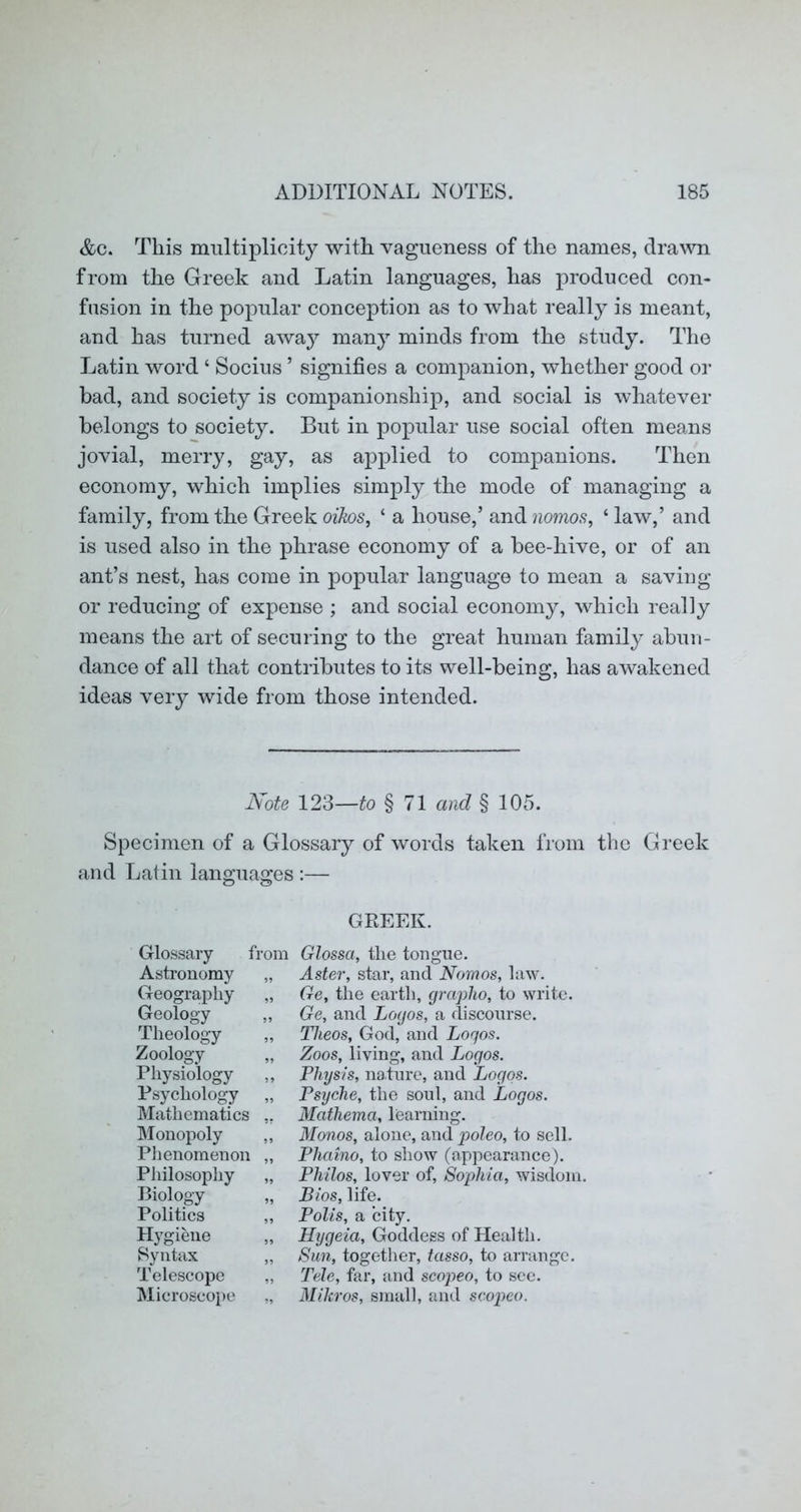 &c. This multiplicity with vagueness of the names, dravui from the Greek and Latin languages, has produced con- fusion in the popular conception as to what really is meant, and has turned away many minds from the study. The Latin word ‘ Socius ’ signifies a companion, whether good or bad, and society is companionship, and social is whatever belongs to society. But in popular use social often means jovial, merry, gay, as api^lied to companions. Then economy, which implies simj)ly the mode of managing a family, from the Greek oikos, ‘ a house,’ and nomos^ ‘ law,’ and is used also in the phrase economy of a bee-hive, or of an ant’s nest, has come in popular language to mean a saving or reducing of expense ; and social economy, which really means the art of securing to the great human family abun- dance of all that contributes to its well-being, has awakened ideas very wide from those intended. Note 123—to § 71 and § 105. Specimen of a Glossary of words taken from the Greek and Latin languages :— Glossary from Astronomy „ Geography „ Geology ,, Theology „ Zoology „ Physiology „ Psychology „ Mathematics ,, Monopoly „ Phenomenon „ Philosophy „ Biology Politics ,, Hygiene „ Syntax „ Telescope „ Microscope GREEK. Glossa, the tongue. Aster, star, and Nomos, law. Ge, the earth, grapho, to write. Ge, and Logos, a discourse. Theos, God, and Logos. Zoos, living, and Logos. Physis, nature, and Logos. Psyche, the soul, and Logos. Matliema, learning. Monos, alone, and poleo, to sell. Phaino, to show (appearance). Philos, lover of, Sophia, wisdom. Bios, life. Polls, a city. Hygeia, Goddess of Health. Sun, together, tasso, to arrange. Tele, far, and scopeo, to sec. Mikros, small, and scopeo.