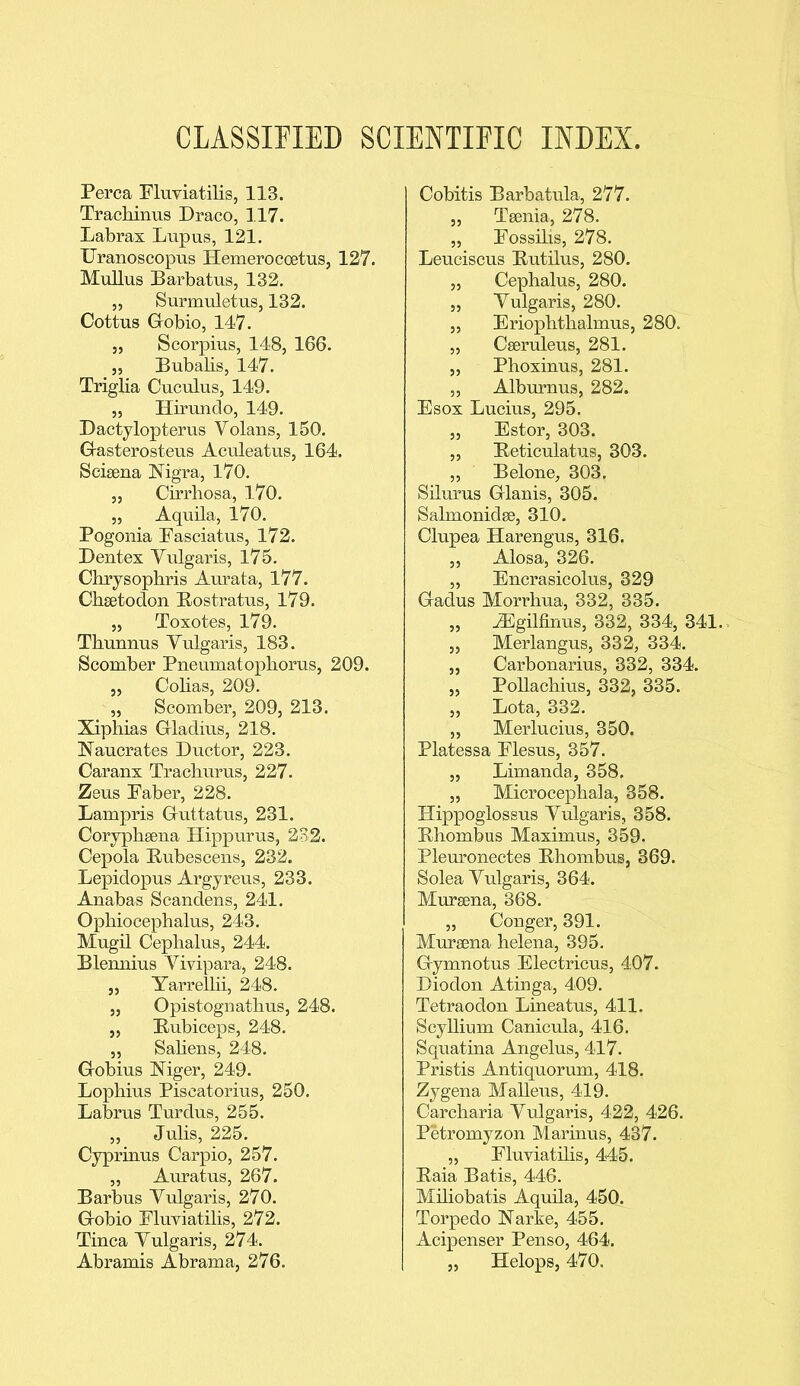 CLASSIFIED SCIENTIFIC INDEX. Perea Fluviatilis, 113. Tracliinus Draco, 117. Labrax Lupus, 121. Uranoscopus Hemerocoetus, 127. Mullus Barbatus, 132. „ Surmuletus, 132. Cottus Gobio, 147. „ Scorpius, 148, 166. „ Bubalis, 147. Triglia Cuculus, 149. „ Hirundo, 149. Dactylopterus Volans, 150. G-asterosteus Aculeatus, 164. Scisena Nigra, 170. „ Cirrhosa, 170. „ Aquila, 170. Pogonia Fasciatus, 172. Dentex Yulgaris, 175. Chrysopbris Aurata, 177. Cbeetodon Bostratus, 179. „ Toxotes, 179. Thunnus Yulgaris, 183. Scomber Pneumatopliorus, 209. „ Colias, 209. „ Scomber, 209, 213. Xiphias Gladius, 218. Naucrates Ductor, 223. Caranx Trachurus, 227. Zeus Faber, 228. Lampris Guttatus, 231. Corypbsena Hippuru3, 232. Cepola Bubescens, 232. Lepidopus Argyreus, 233. Anabas Scandens, 241. Ophiocephalus, 243. Mugil Cepbalus, 244. Blennius Yivipara, 248. „ Yarrellii, 248. „ Opistognatbus, 248. „ Bubiceps, 248. ,, Sabens, 248. Grobius Niger, 249. Lopliius Piscatorius, 250. Labrus Turdus, 255. „ Julis, 225. Cypriuus Carpio, 257. „ Auratus, 267. Barbus Yulgaris, 270. Gobio Fluviatilis, 272. Tinea Yulgaris, 274. Abramis Abrama, 276. Cobitis Barbatula, 277. „ Tsenia, 278. „ Fossilis, 278. Leuciscus Butilus, 280. „ Cephalus, 280. „ Yulgaris, 280. „ Eriopbtbalmus, 280. „ Cseruleus, 281. „ Phoxinus, 281. „ Alburnus, 282. Esox Lucius, 295. „ Estor, 303. ,, Beticulatus, 303. ,, Belone, 303. Silurus Glanis, 305. Salmonidse, 310. Clupea Harengus, 316. ,, Alosa, 326. „ Encrasicolus, 329 Gadus Morrliua, 332, 335. „ iEgilfinus, 332, 334, 341. „ Merlangus, 332, 334. „ Carbonarius, 332, 334. „ Pollacbius, 332, 335. „ Lota, 332. „ Merlucius, 350. Platessa Flesus, 357. „ Limanda, 358. „ Microcephala, 358. Hippoglossus Yulgaris, 358. Bbombus Maximus, 359. Pleuronectes Bbombus, 369. Solea Yulgaris, 364. Mursena, 368. „ Conger, 391. Mureena helena, 395. Gymnotus Electricus, 407. Diodon Atinga, 409. Tetraodon Lineatus, 411. Scyllium Canicula, 416. Squatina Angelus, 417. Pristis Antiquorum, 418. Zygena Malleus, 419. Carcbaria Yulgaris, 422, 426. Petromyzon Marinus, 437. „ Fluviatilis, 445. Baia Batis, 446. Miliobatis Aquila, 450. Torpedo Narke, 455. Acipenser Penso, 464. „ Helops, 470.