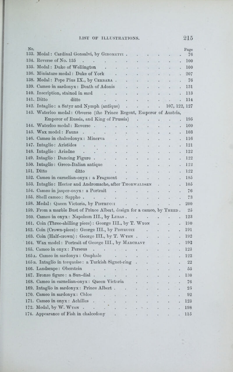 No. Page 133. Medal: Cardinal Gonsalvi, by Girometti 76 134. Reverse of No. 135 . 100 135. Medal: Duke of Wellington ........ 100 136. Miniature medal: Duke of York 207 138. Medal: Pope Pius IX., by Cerbara 76 139. Cameo in sardonyx: Death of Adonis 131 140. Inscription, stained in sard 113 141. Ditto ditto 114 142. Intaglio: a Satyr and Nymph (antique) .... 107, 122, 127 143. Waterloo medal: Obverse (the Prince Regent, Emperor of Austria, Emperor of Russia, and King of Prussia) . . . . .195 144. Waterloo medal: Reverse 100 145. Wax model: Fauns 103 146. Cameo in chalcedonyx: Minerva 116 147. Intaglio: Aristides 121 148. Intaglio: Ariadne . . ' 122 149. Intaglio : Dancing Figure 122 150. Intaglio: Greco-Italian antique . . . . . . .122 151. Ditto ditto 122 152. Cameo in carnelian-onyx: a Fragment . . . . . .185 153. Intaglio: Hector and Andromache, after Thorwaldsen . . . 105 154. Cameo in jasper-onyx: a Portrait ....... 76 155. Shell cameo : Sappho .......... 73 158. Medal: Queen Victoria, by Pistrucci 200 159. From a marble Bust of Prince Albeit, design for a cameo, by Theed . 25 160. Cameo in onyx: Napoleon III., by Lebas 123 161. Coin (Three-shilling piece): George III., by T. Wyon . . .190 162. Coin (Crown-piece): George III., by Pistrucci . . . .191 163. Coin (Half-crown) : George III., by T. Wyon 192 164. Wax model: Portrait of George III., by Marchant . . . 192 165. Cameo in onyx: Perseus 123 165 a. Cameo in sardonyx: Omphale . . . . . . .123 165 b. Intaglio in torquoise : a Turkish Signet-ring 22 166. Landscape: Oberstein 55 167. Bronze figure : a Sun-dial 130 168. Cameo in carnelian-onyx: Queen Victoria ..... 76 169. Intaglio in sardonyx : Prince Albert ....... 25 170. Cameo in sardonyx: Chloe 92 171. Cameo in onyx : Achilles 123 172. Medal, by W. Wyon . . 198 174. Appearance of Fish in chalcedony . . . . . .115