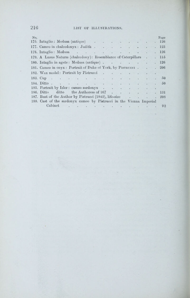No, Page 175. Intaglio: Medusa (antique) . . 126 177. Cameo in chalcedonyx : Judith 123 178. Intaglio : Medusa .......... 126 179. A Lusus Natur® (chalcedony): Resemblance of Caterpillars . . 115 180. Intaglio in agate : Medusa (antique) 126 181. Cameo in onyx : Portrait of Duke of York, by Pistkvcci . . . 206 182. Wax model: Portrait by Pistrucci 183. Cup 50 184. Ditto 50 185. Portrait by Isler : cameo sardonyx ....... 186. Ditto ditto the Authoress of 167 131 187. Bust of the Author by Pistrucci (1845), life-size .... 208 188. Cast of the sardonyx cameo by Pistrucci in the Vienna Imperial Cabinet 92